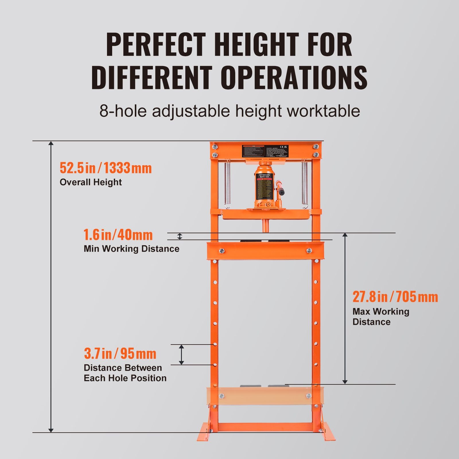 12 Ton H-Frame Hydraulic Shop Press, Adjustable 1.6to27.8in Height with Plates
