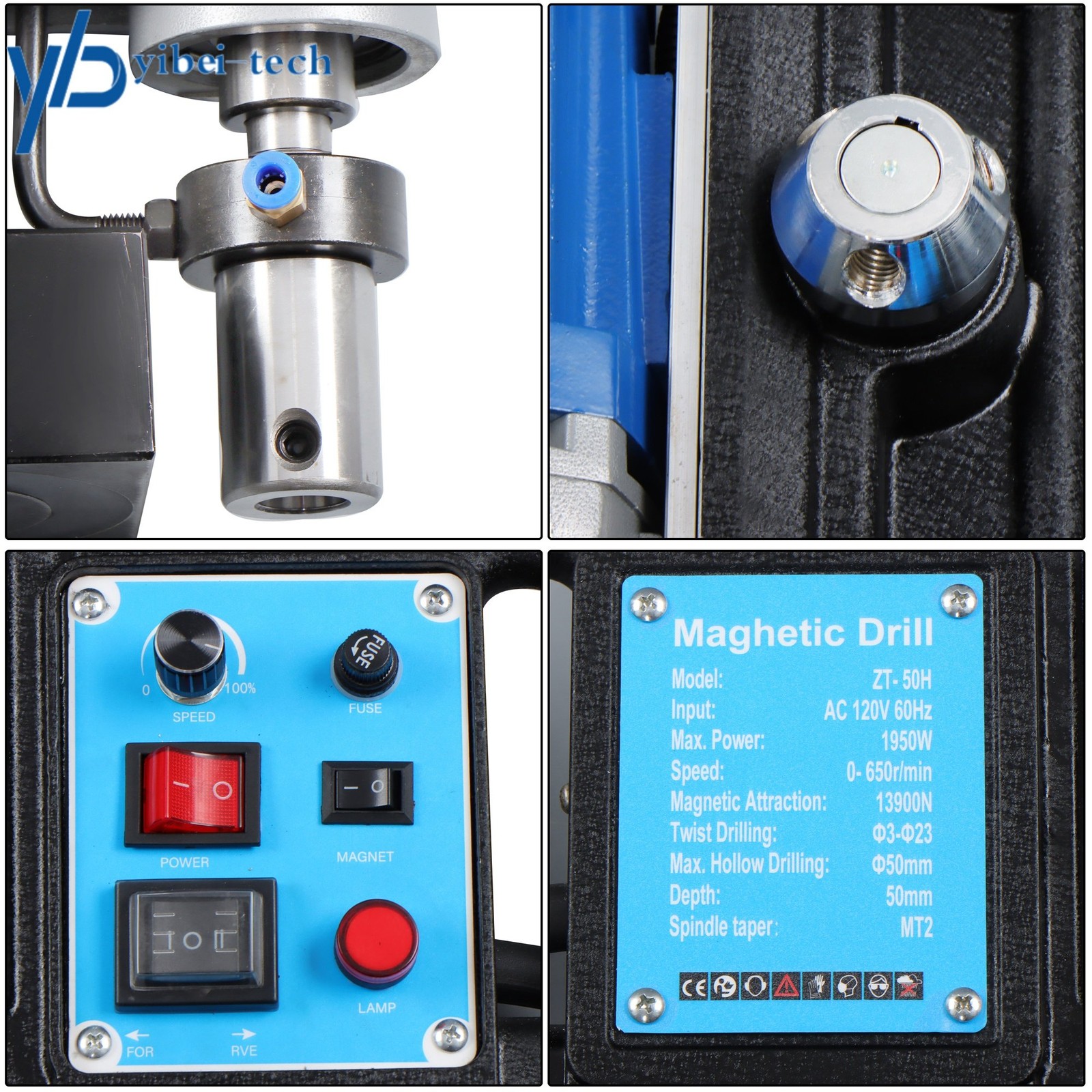 1950W Mag Drill Press with 2″ Dia. 3125 lbf/13900N Mag Force, with 11 Drill Bits