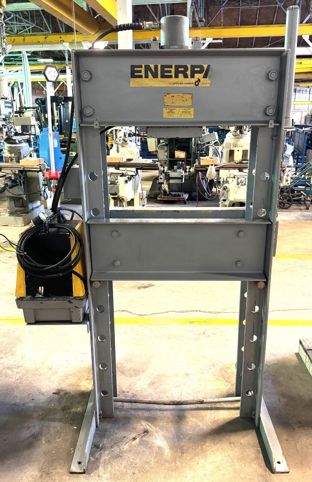 50 Ton Enerpac H-Frame Hydraulic Press, 28″ B.H., Adj. Bed, 1.5 HP, 1 Phase
