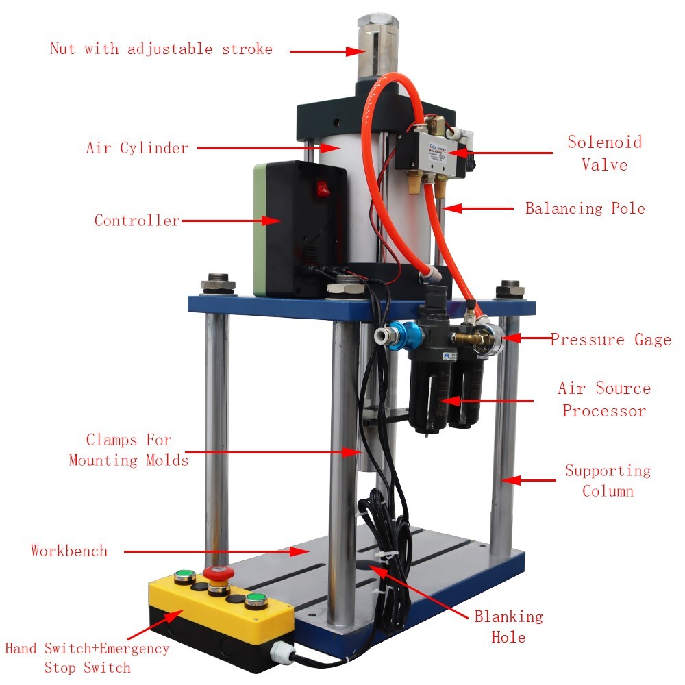 2866lb Pneumatic Punch Press Machine Die Hole Dia 0.98” Adjustable Stroke 110V