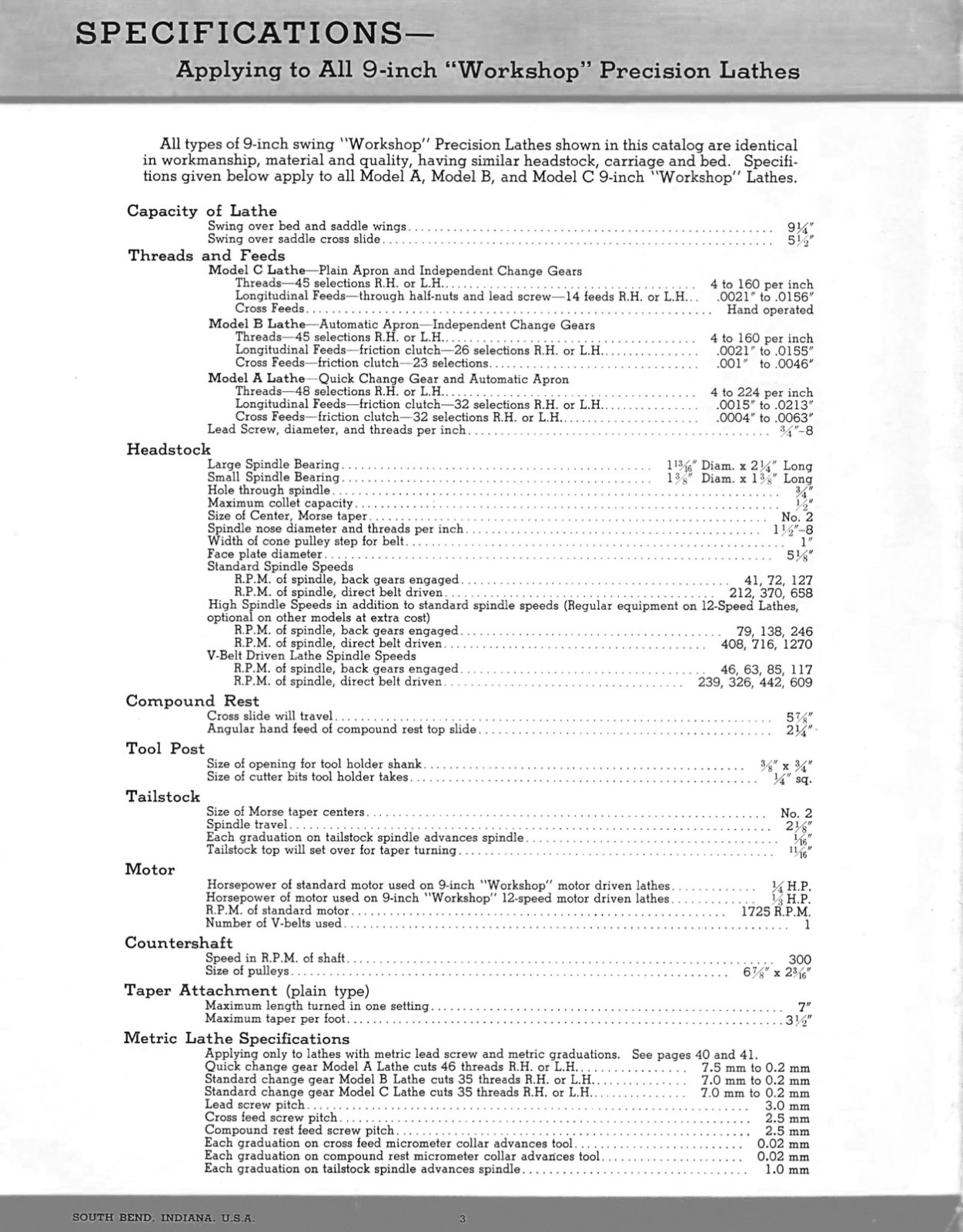 9″ Workshop Precision Lathes Instruction Manual Fits 1939 South Bend Lathe #50