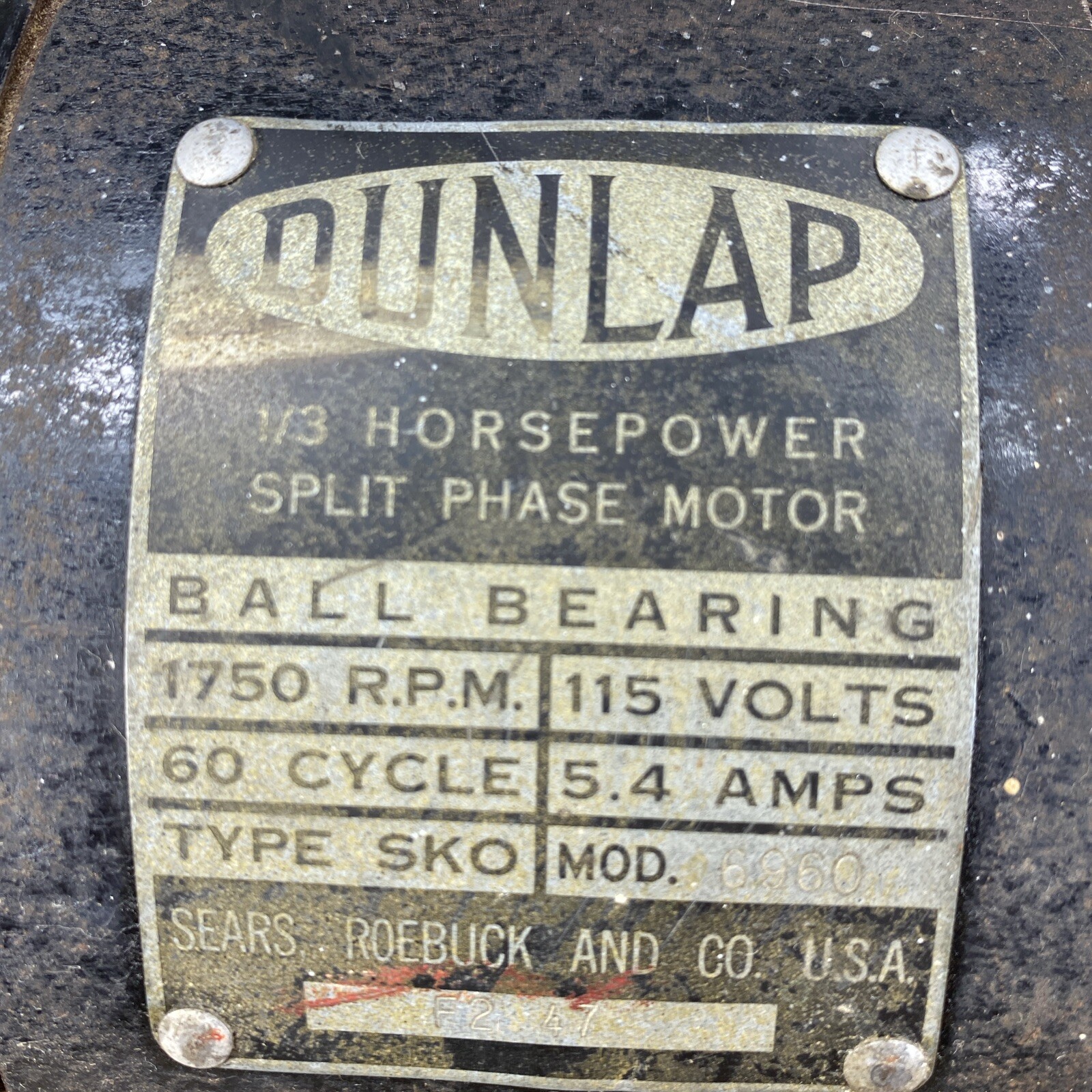 Vintage Sears DUNLAP 1/3 HP Split Phase Motor Electric 1750 RPM 1/2” Shaft