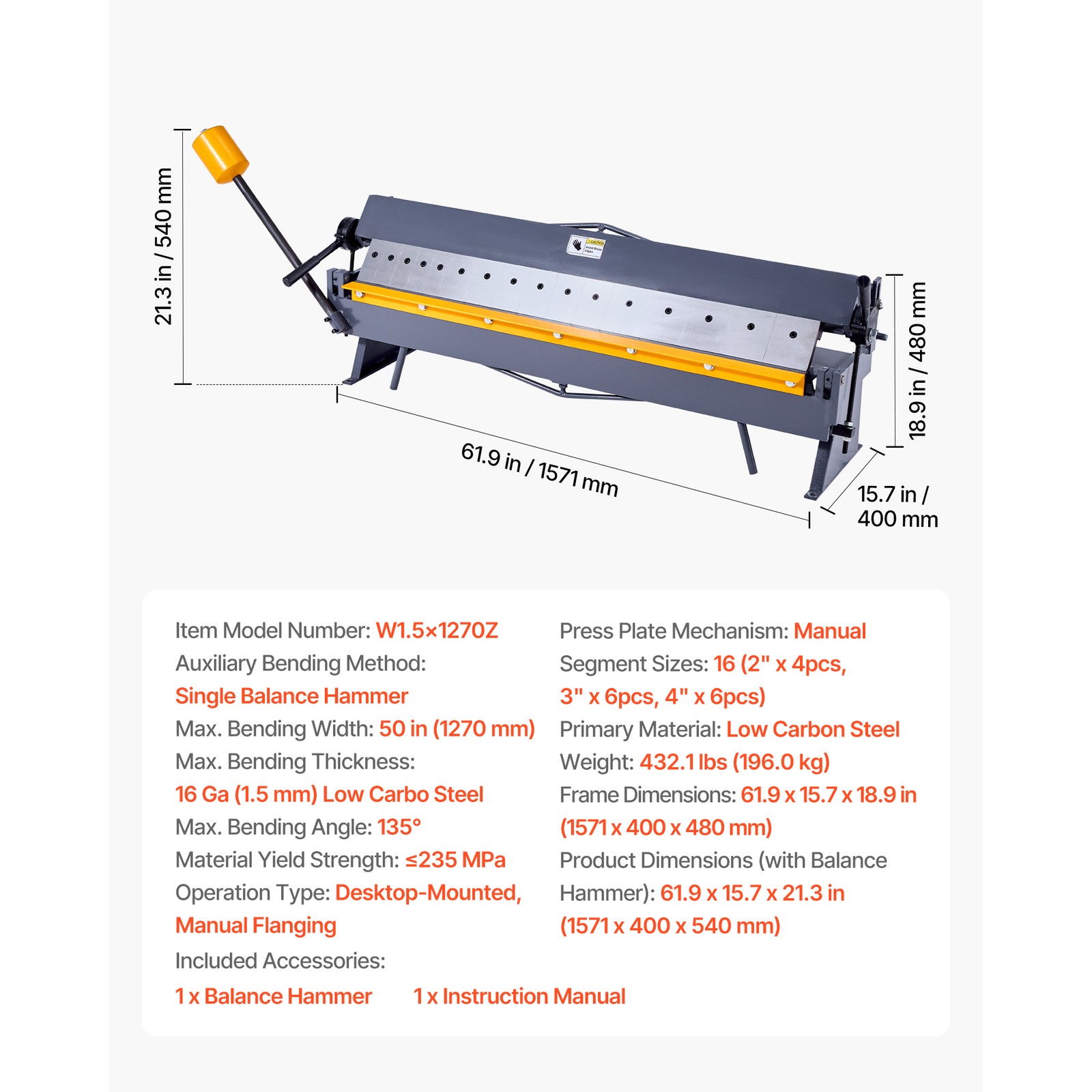 50 in Box and Pan Brake 0-135° 16 Ga Sheet Metal Bending Brake Bender 16 Fingers