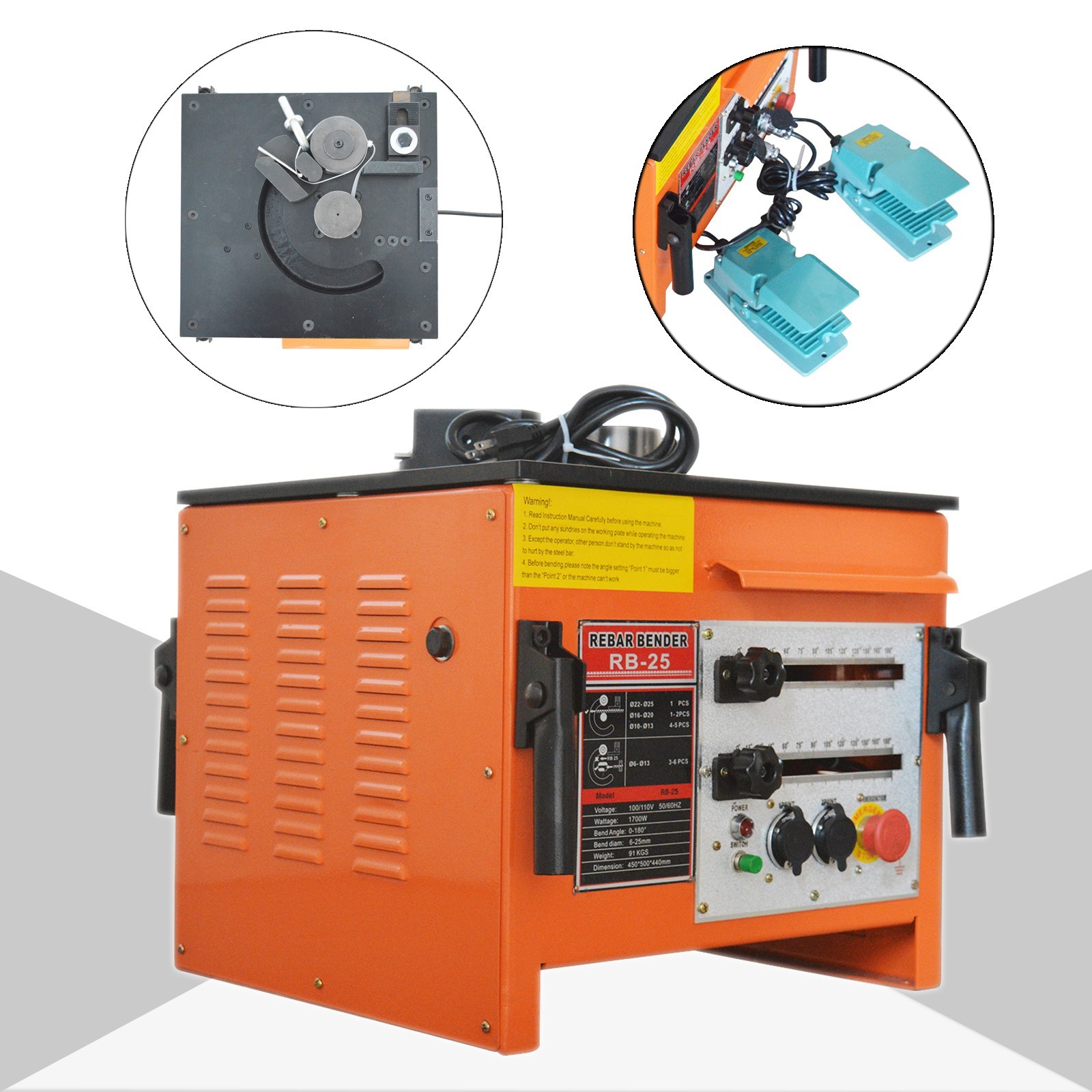 Electric Rebar Bender (110V, 1700W / 2.3HP, 6-25mm / #2-#8 Rebar, 0-180°)