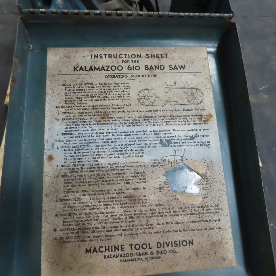 Kalamazoo 610 Metal Cutting Horizontal Band Saw 115/208-230V 1Ph 1/2Hp