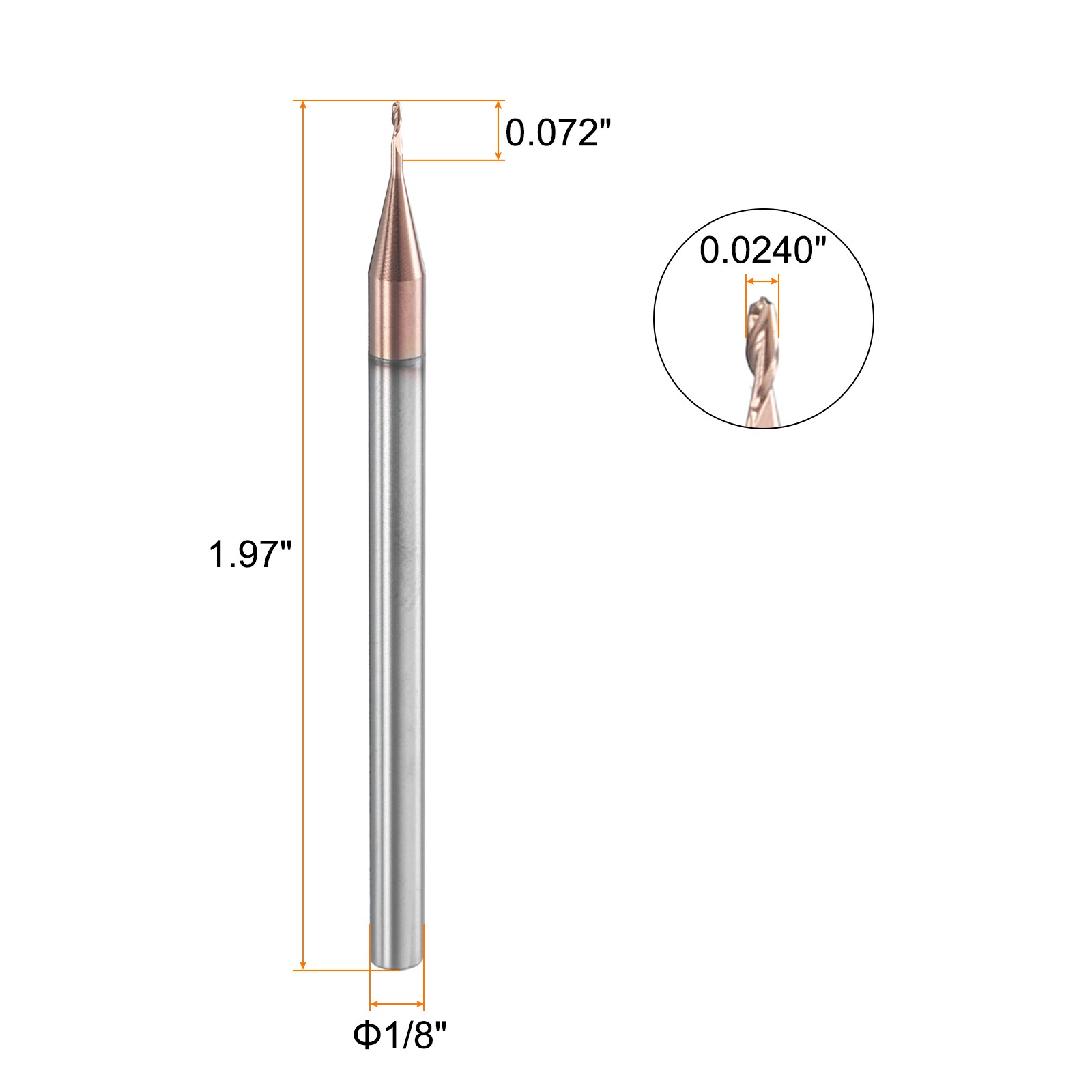 2 Flute Ball Nose End Mill 0.072″ Cutting Length Uncoated for Carving Engraving