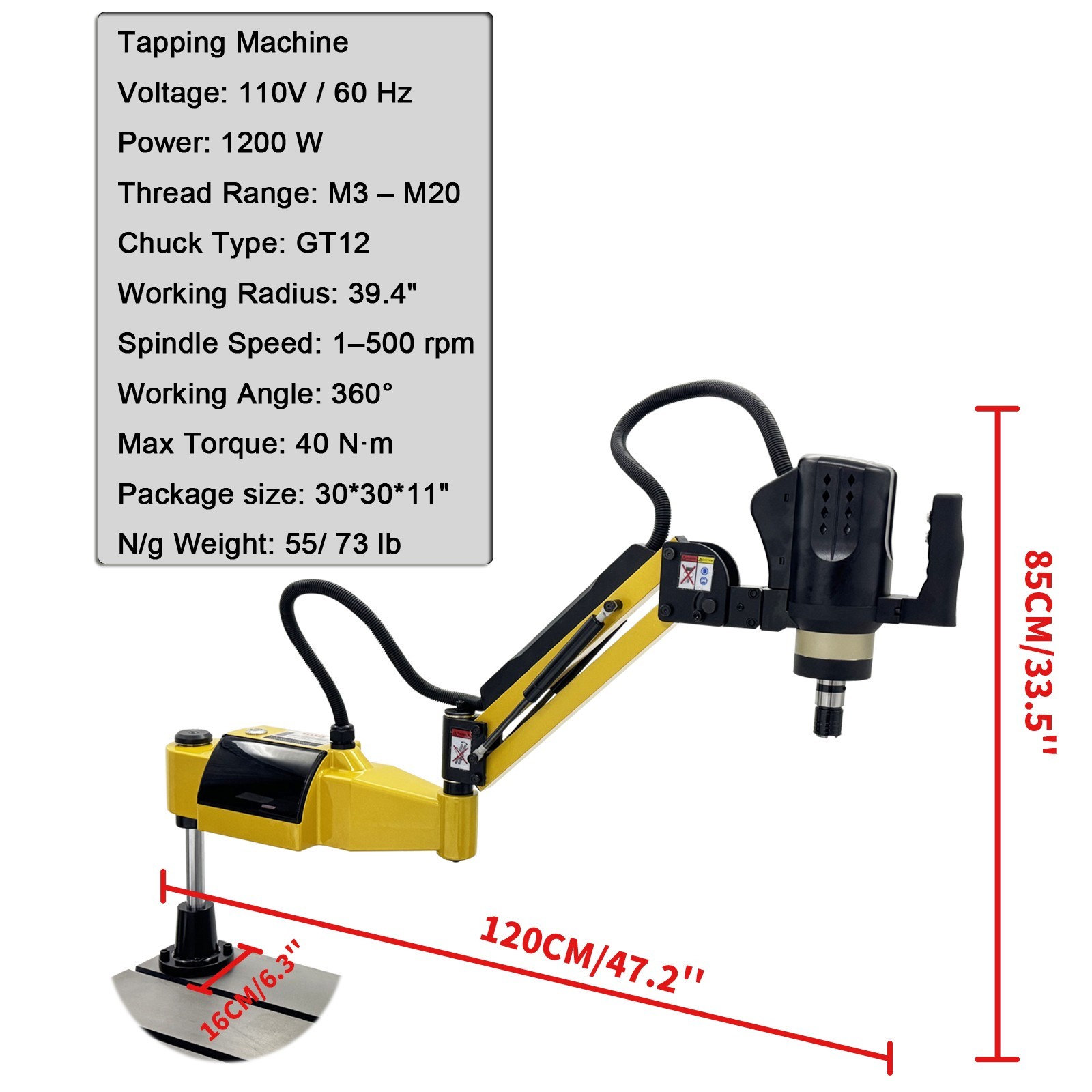 Universal 360˚ Electric Tapping Machine (110V, 1200W / 1.6HP, M3-M20, 1-500RPM)