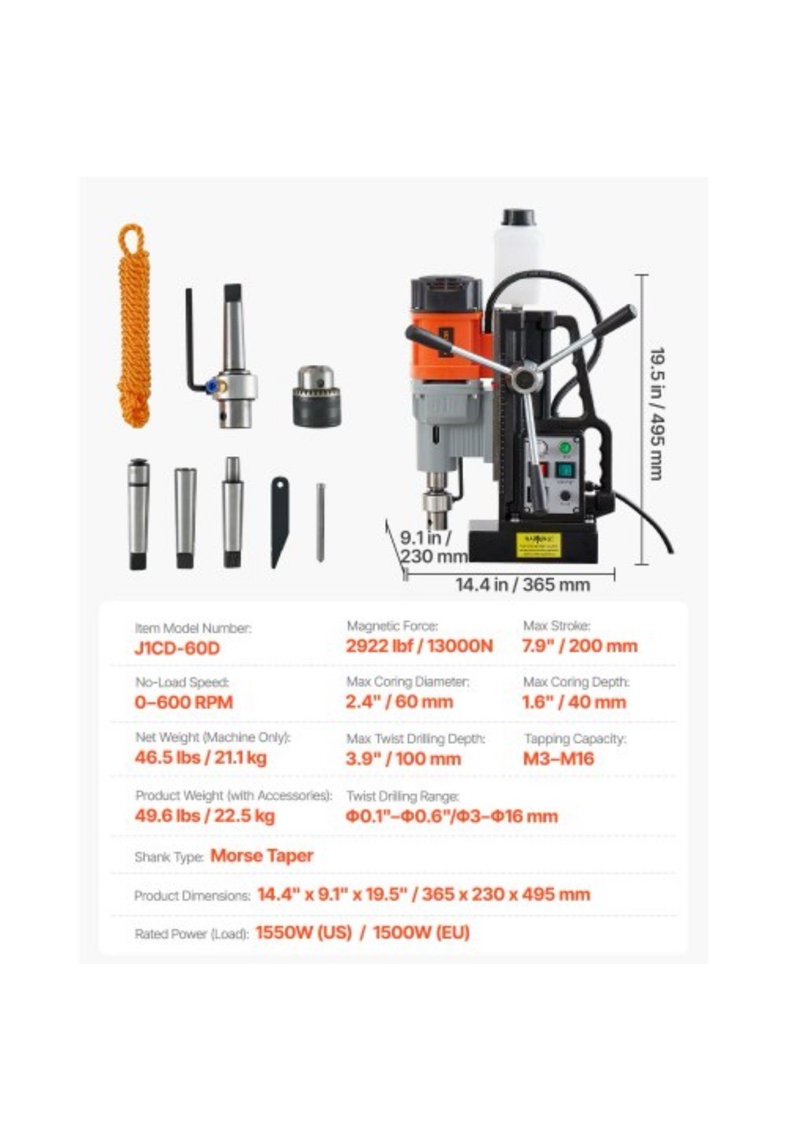 VEVOR Magnetic Drill Press Mag Drill Press 1550 W 2.4 in Boring Dia 0-600 RPM