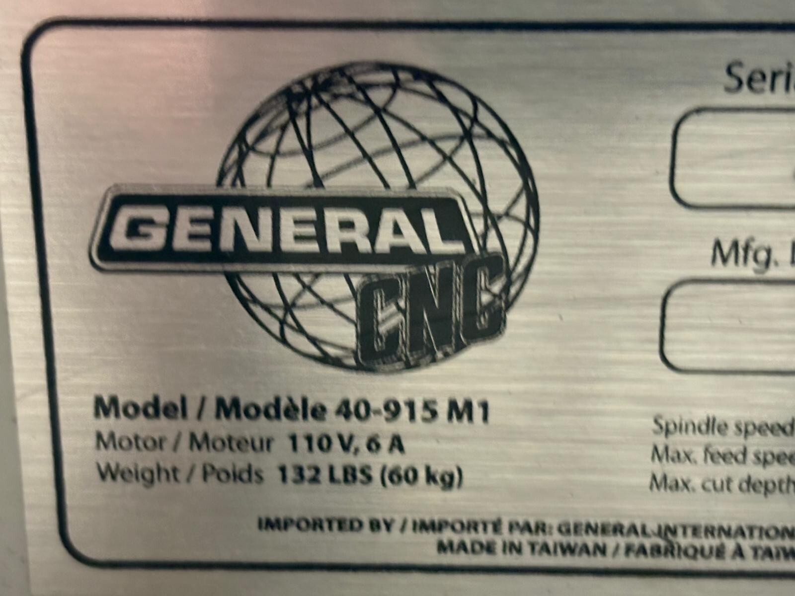 General International CNC Carving Machine Model 40-915 M1 w/ Control Module
