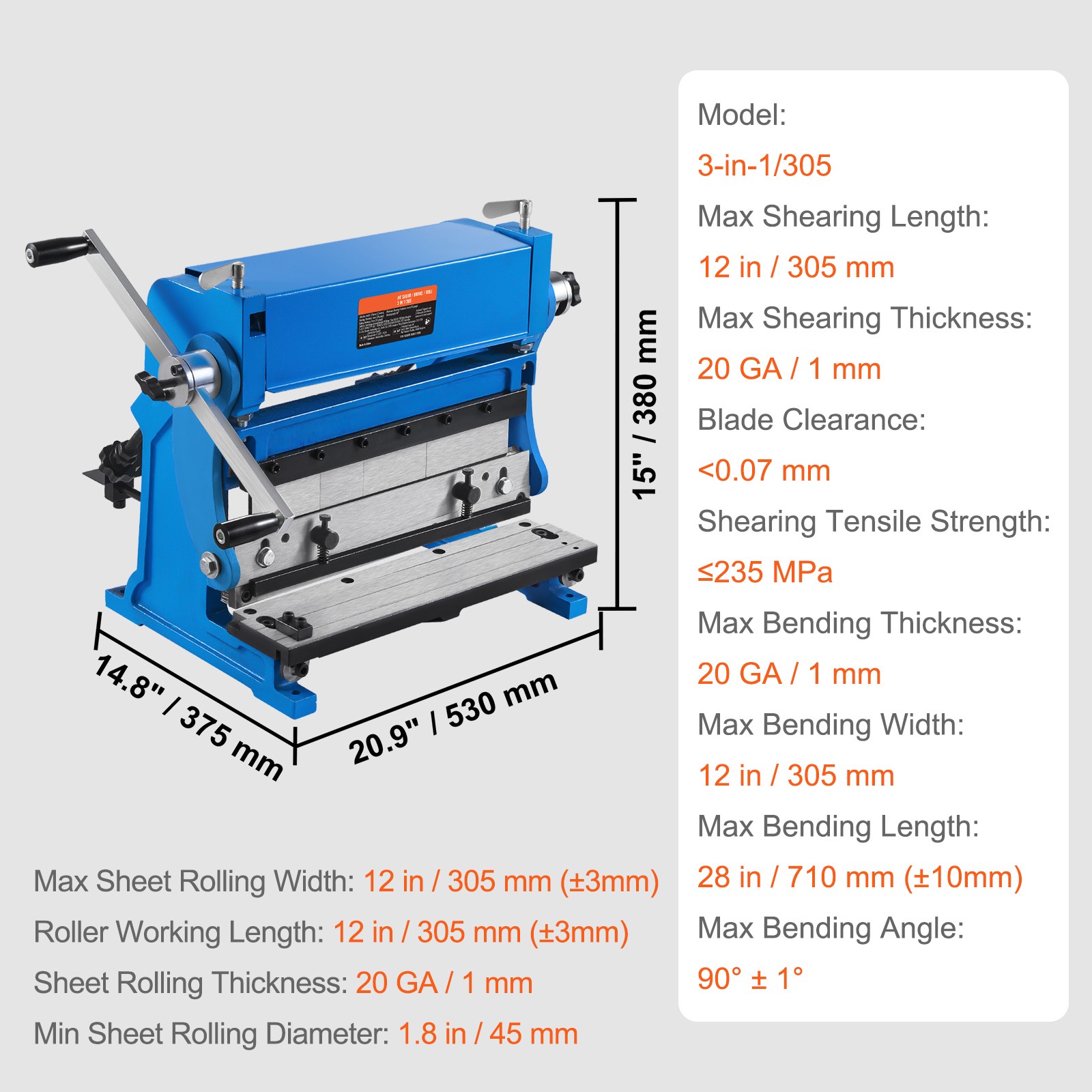 VEVOR 12-In Sheet Metal Shear 3-In-1 Combination Shear Brake Roll Machine 20 GA