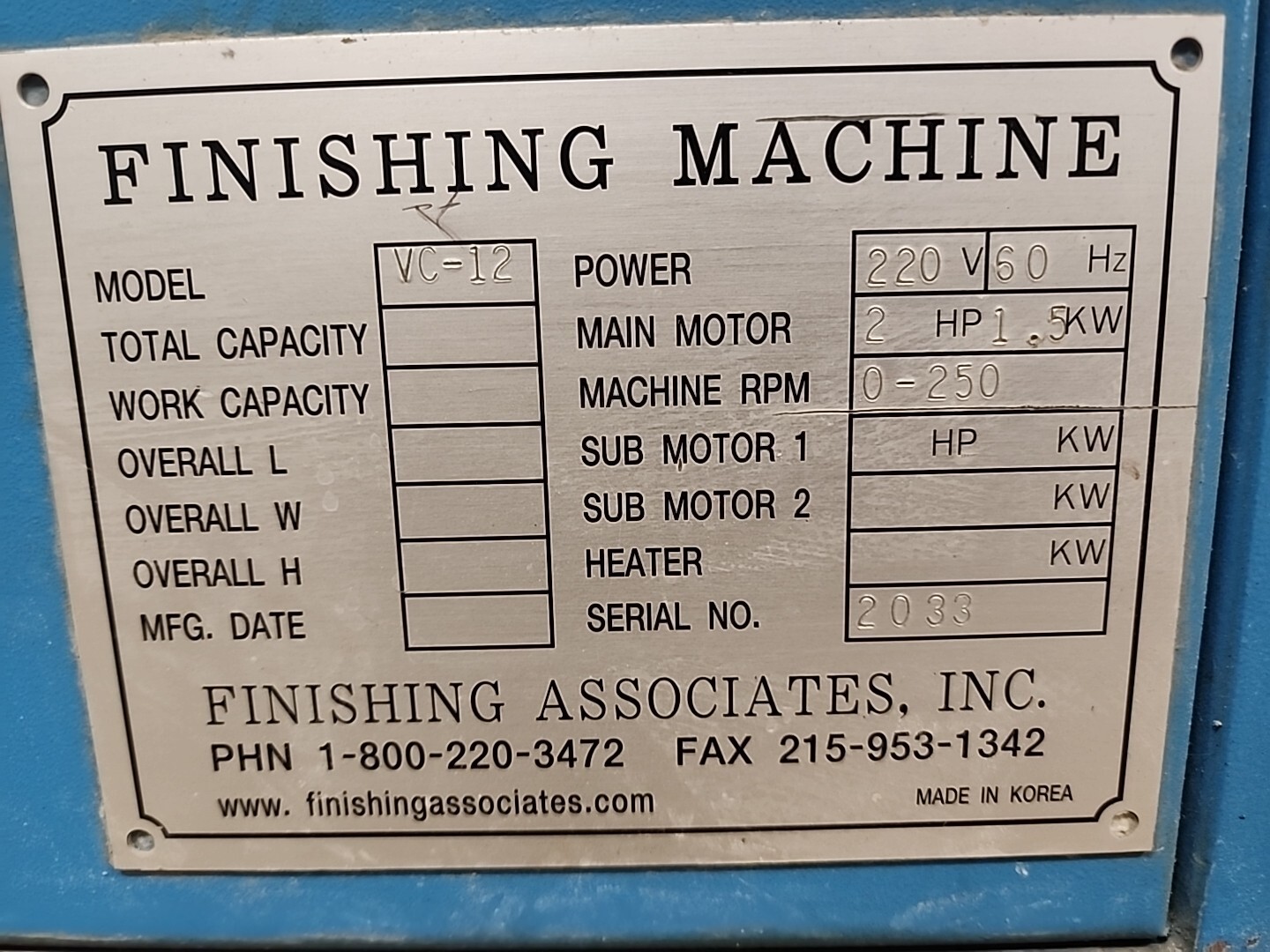 FINISHING ASSOCIATES, VC-12 Industrial centrifugal barrel finisher