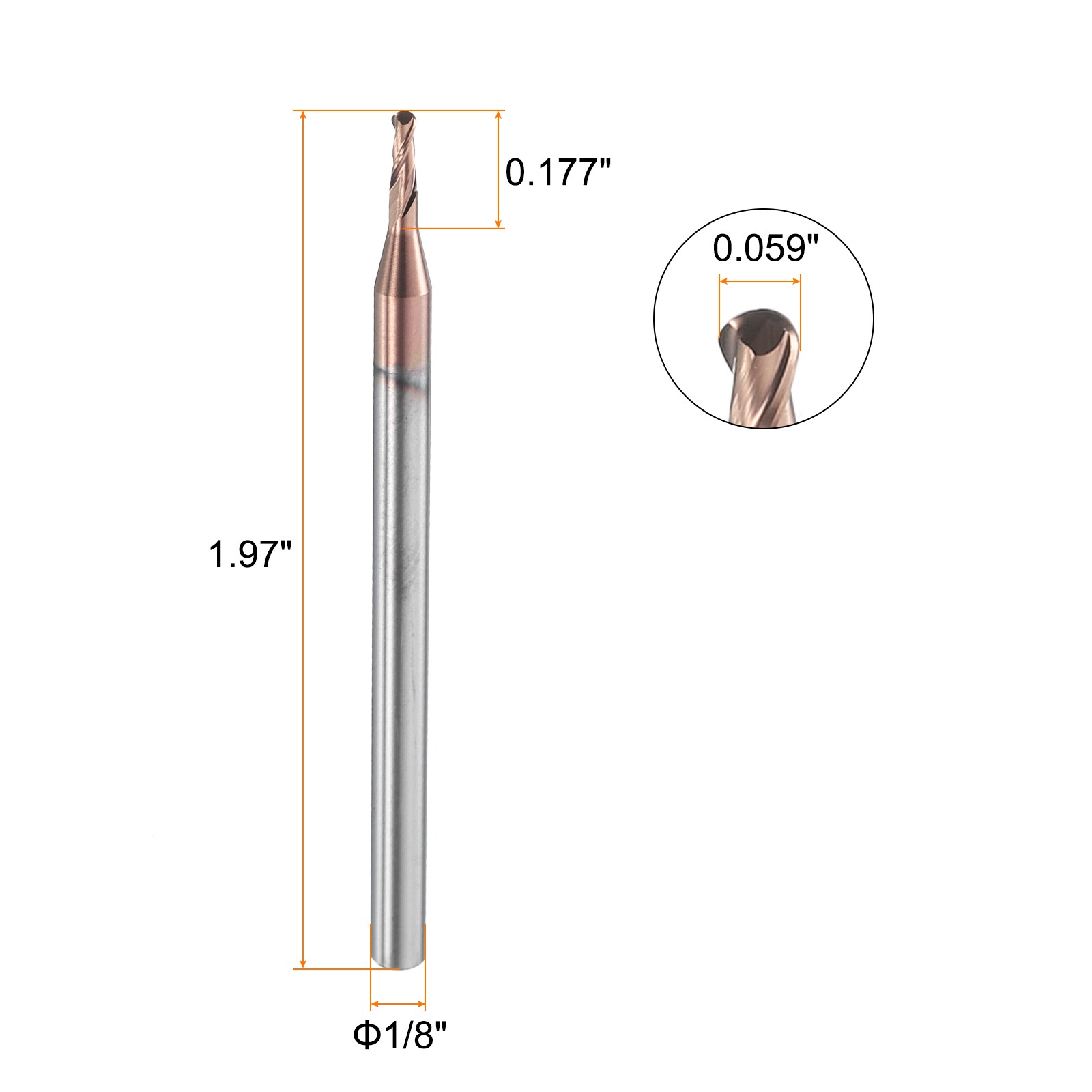 2 Flute Ball Nose End Mill 0.177″ Cutting Length Uncoated for Carving Engraving