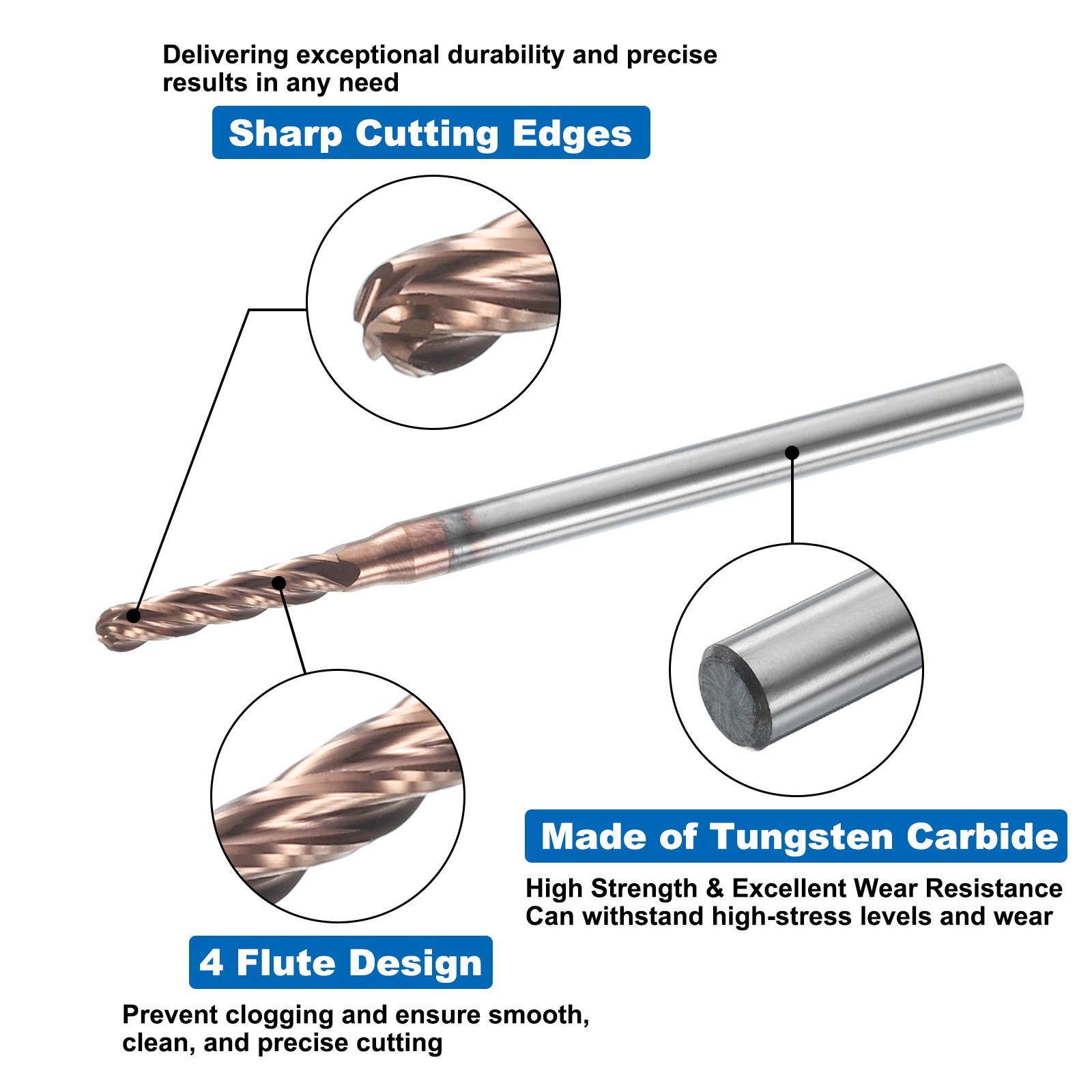 4 Flute Ball Nose End Mill 1/2″ Cutting Length TIN Coated for Carving Engraving