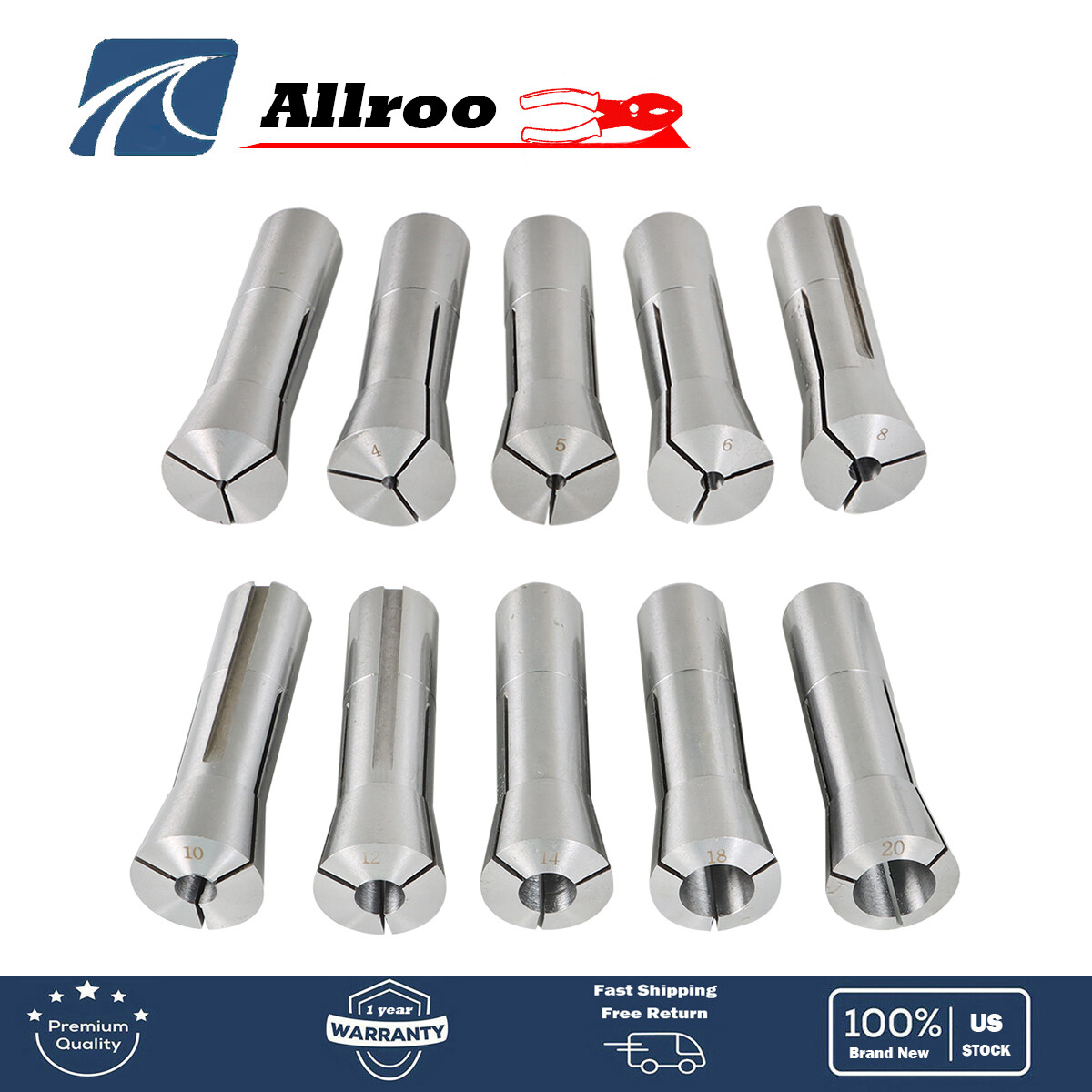 New 3mm-20mm R-8 Collet Milling Lathe 10pc Round Collets Set Milling Lathe Tool