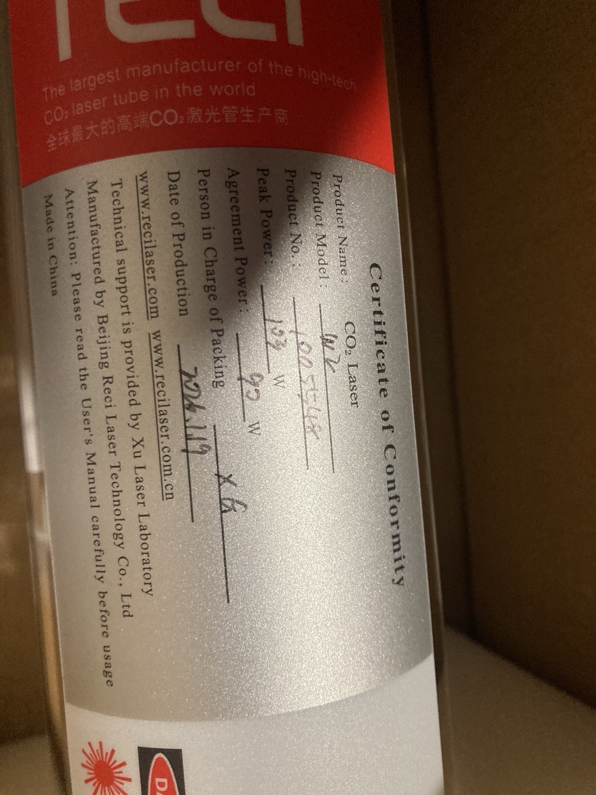 Cloudray RECI C02 Glass Laser Tube W2 NEW!