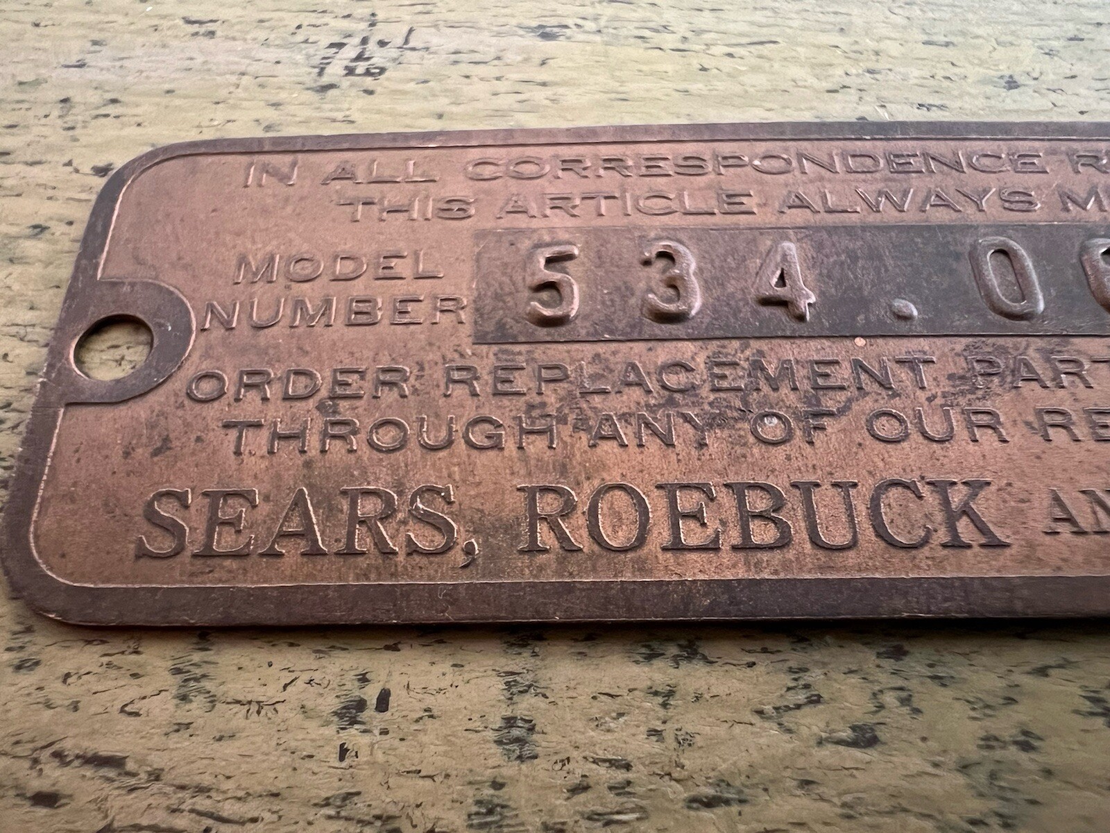 Sears Roebuck Serial Number Plate 534.06260 Lathe Metal
