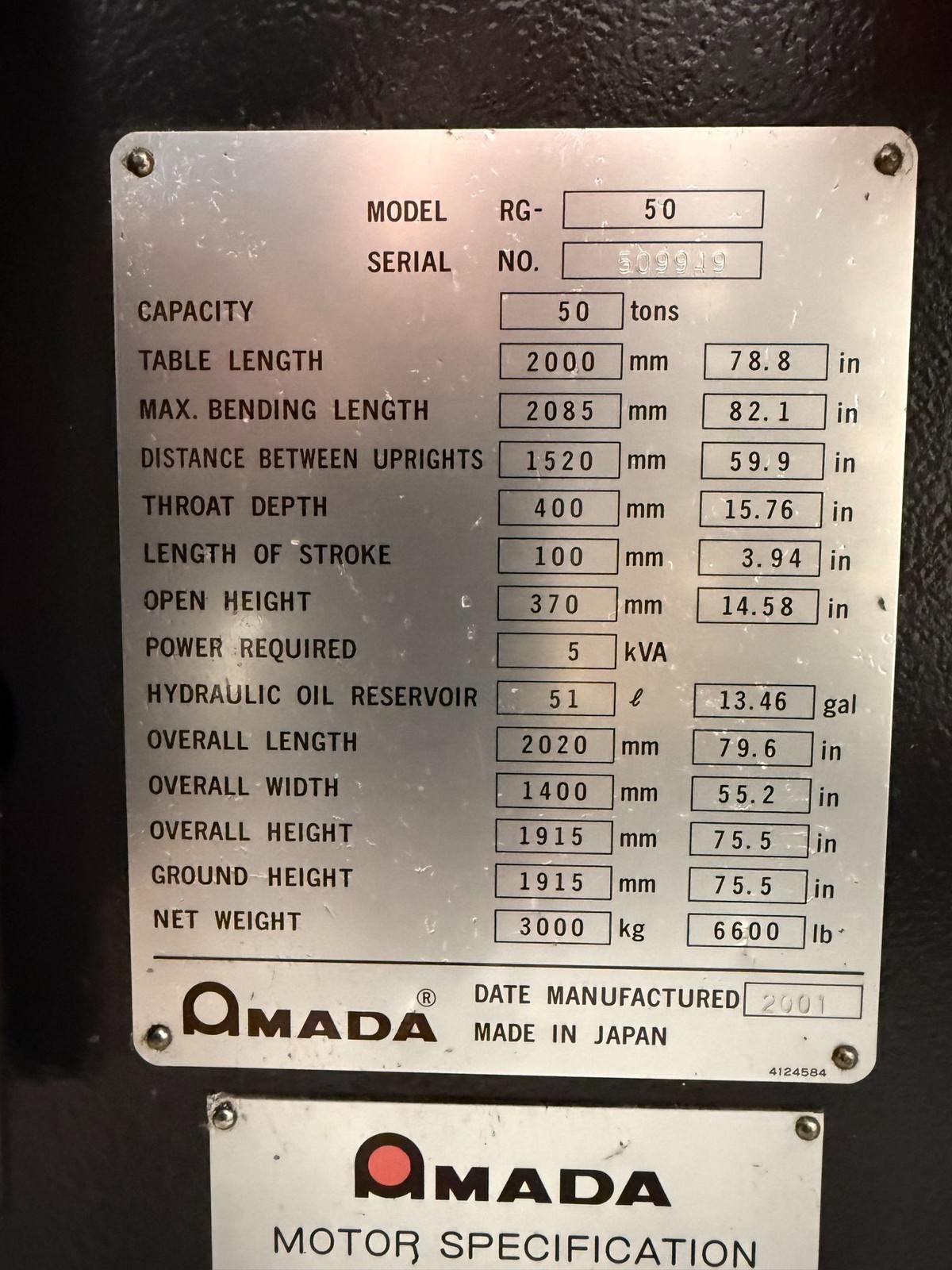AMADA RG-50 78.8” x 55 Ton Up Acting Hydraulic Press Brake 2001’ #8415