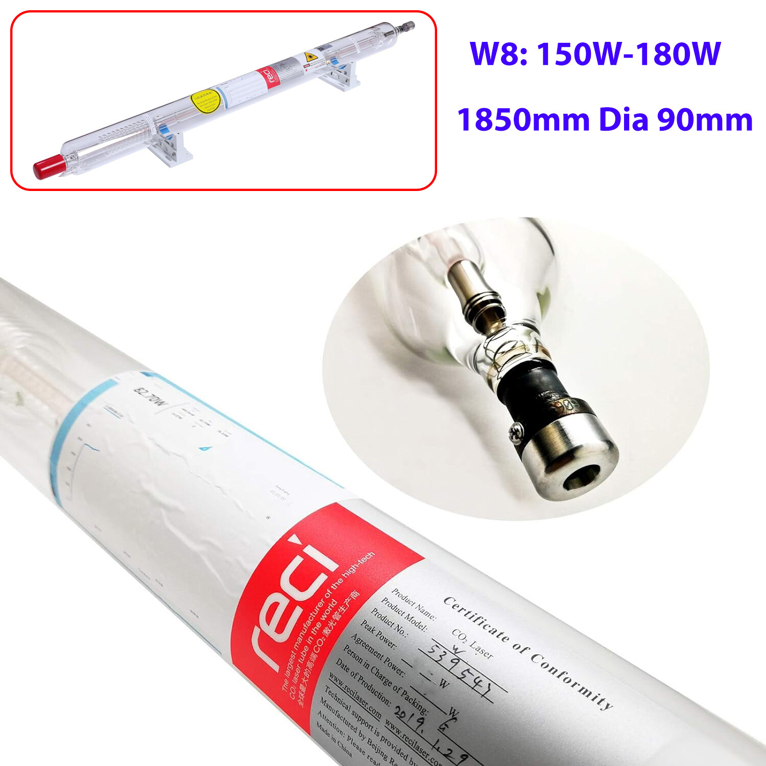 RECI W8 Laser Tube 150W – 180W CO2 1850mm Dia 90mm for Engraving Cutting Machine