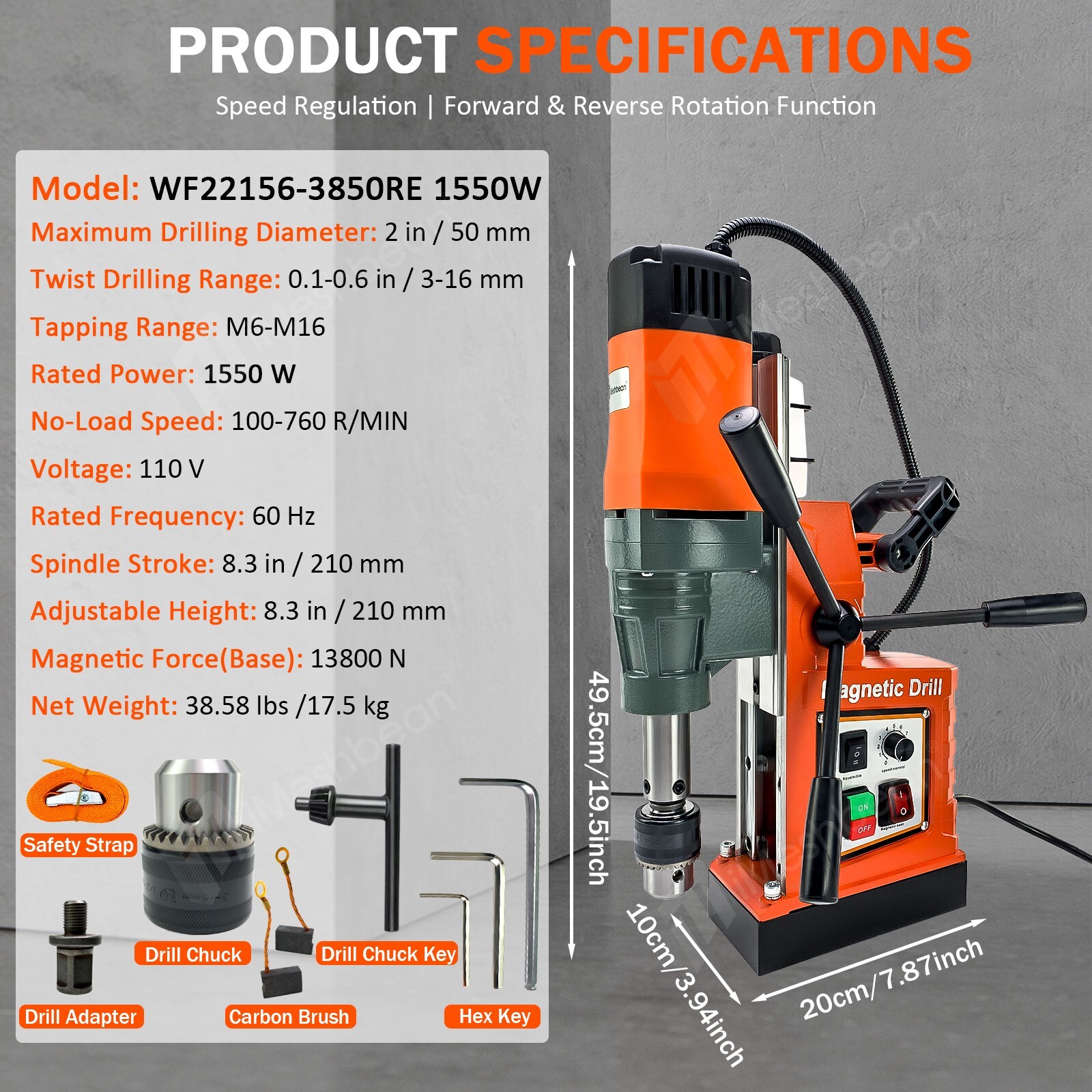 Magnetic Drill Press 1550W Coring/Tapping/Drilling Machine 13800N 760RPM 2″ Core