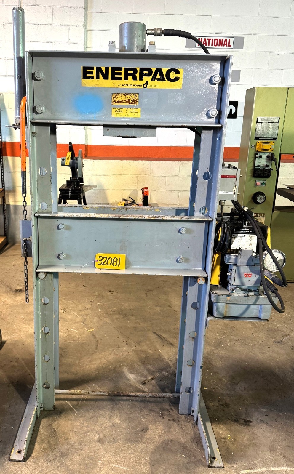 50 Ton Enerpac H-Frame Hydraulic Press, 28″ B.H., Adj. Bed, 1.5 HP, 1 Phase