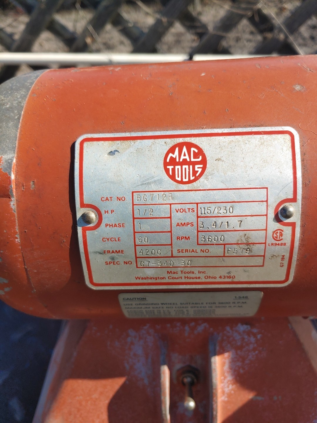 MAC TOO 7” GRINDER #BG712R – 1/2 HP – 3600 RPM – 115/230 VOLTS, 3.4/1.7AMP