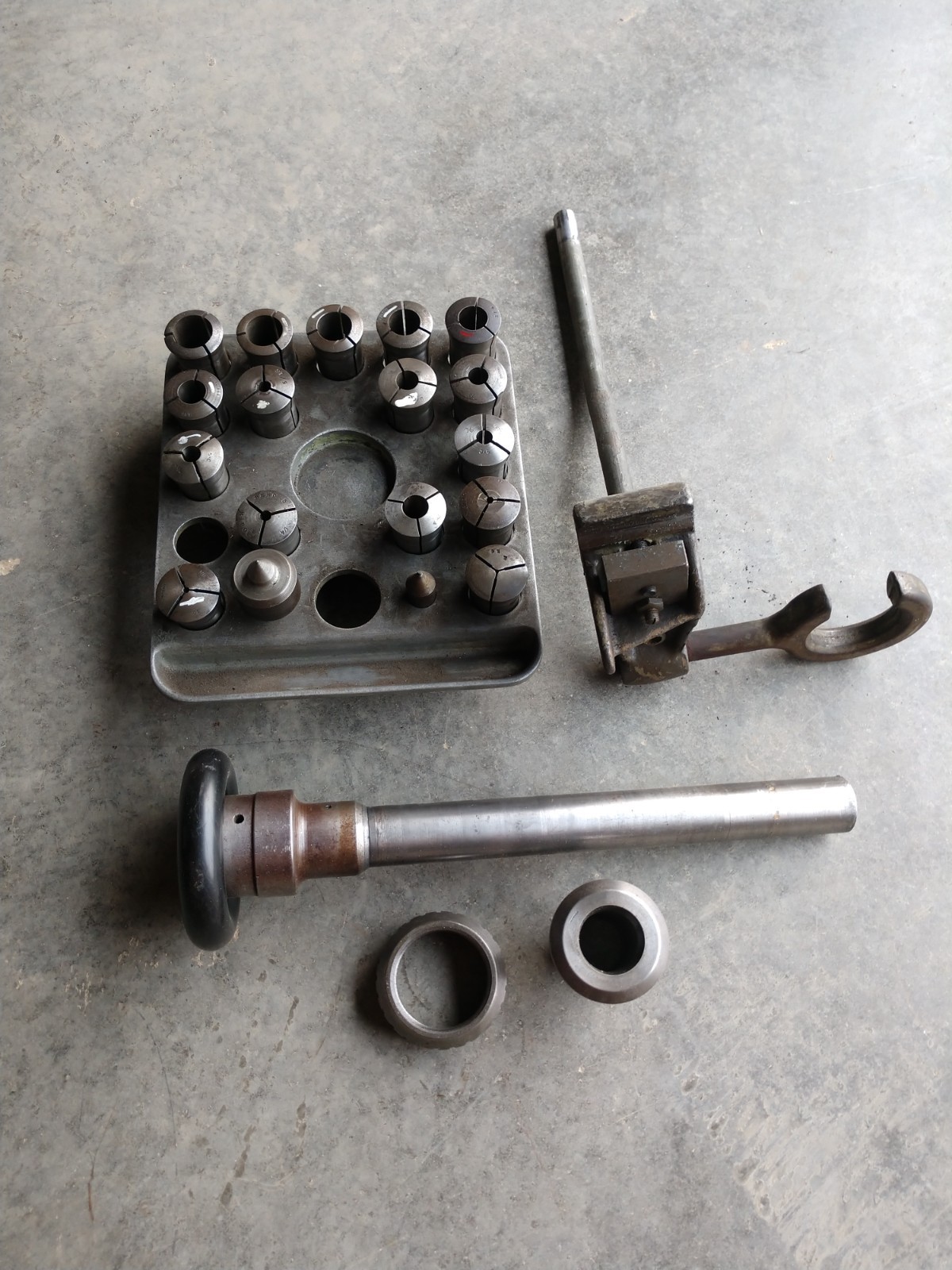 South Bend Heavy 10 Collet Rack, 5C Collets, Holder, Nose piece And Draw Bar