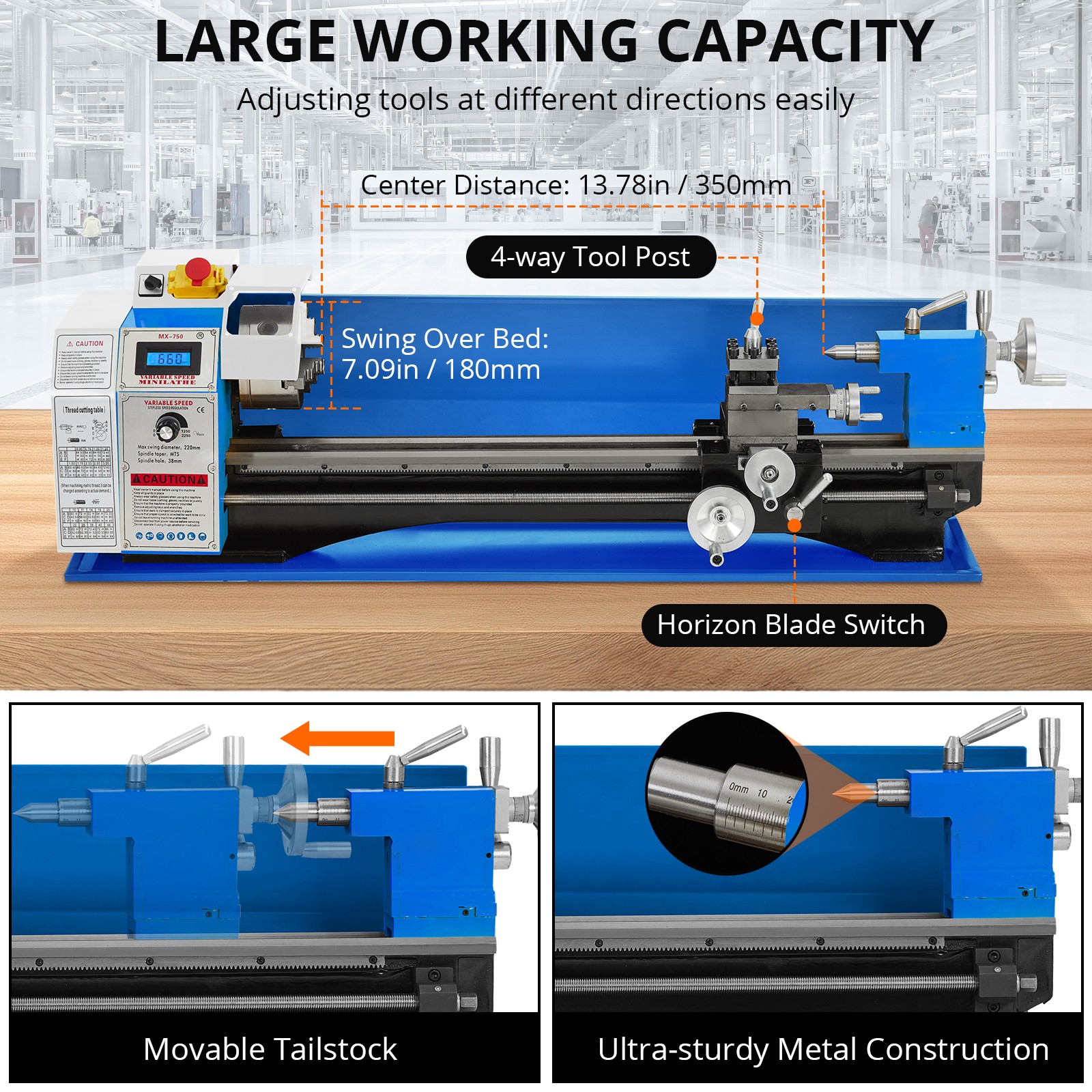 Garvee 8×30″ Metal Lathe Bench 750W Variable Speed 0-2500RPM 3-Jaw Chuck Turning