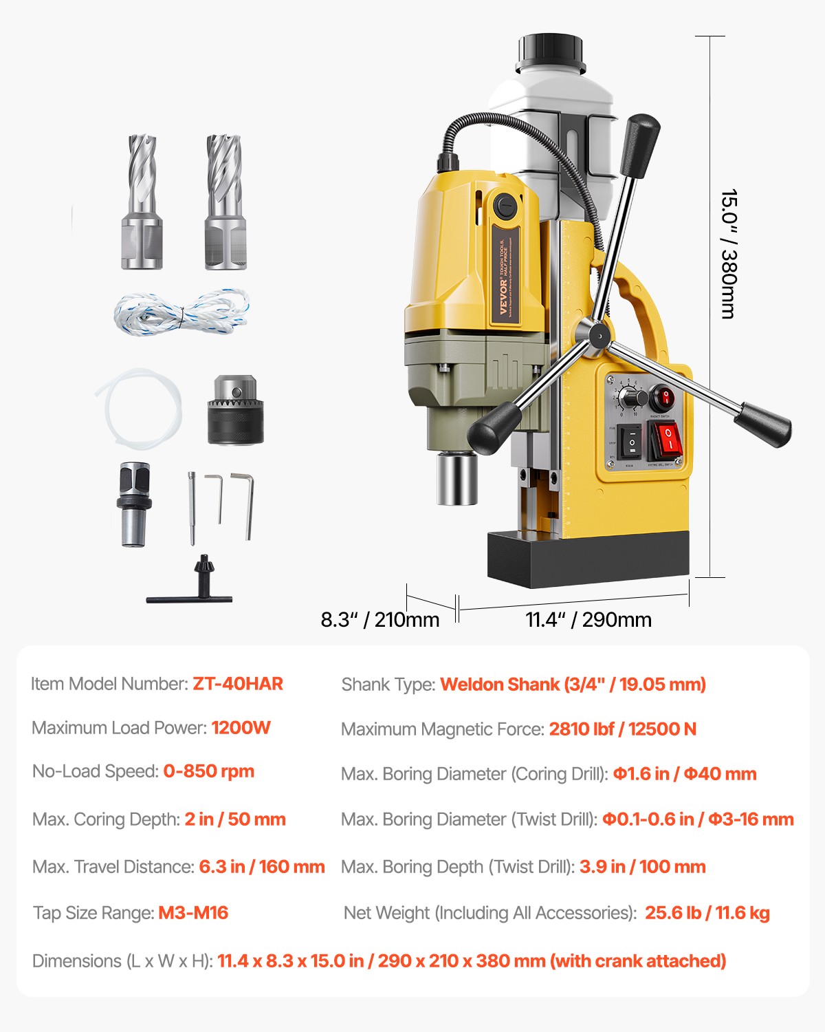 VEVOR Magnetic Drill 1200W 2810 lbf Mag Drill Press 1.6 in Boring Diameter
