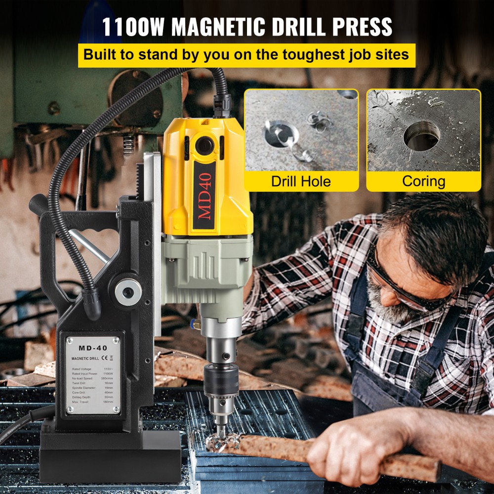 Magnetic Drill 1100W 1.57 Inch Boring Diameter 2697 lbf Portable Electric Mag