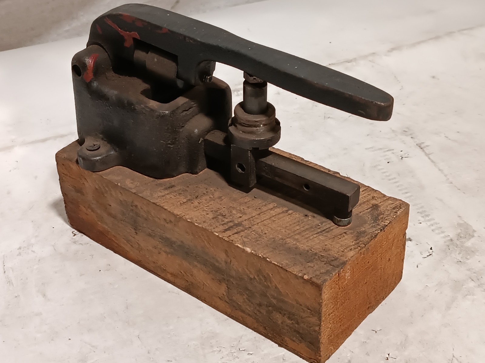 Unbranded Manual Toggle Arbor/Staking Press on a Wooden Base, Vintage Bench Tool