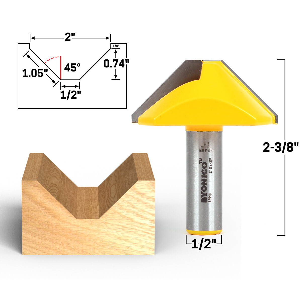 2″ Diameter 45Â° V Groove Flat Bottom Router Bit – 1/2″ Shank – Yonico 13919