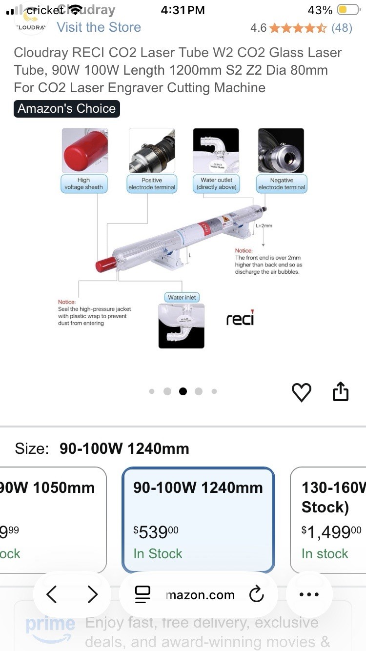Cloudray RECI C02 Glass Laser Tube W2 NEW!