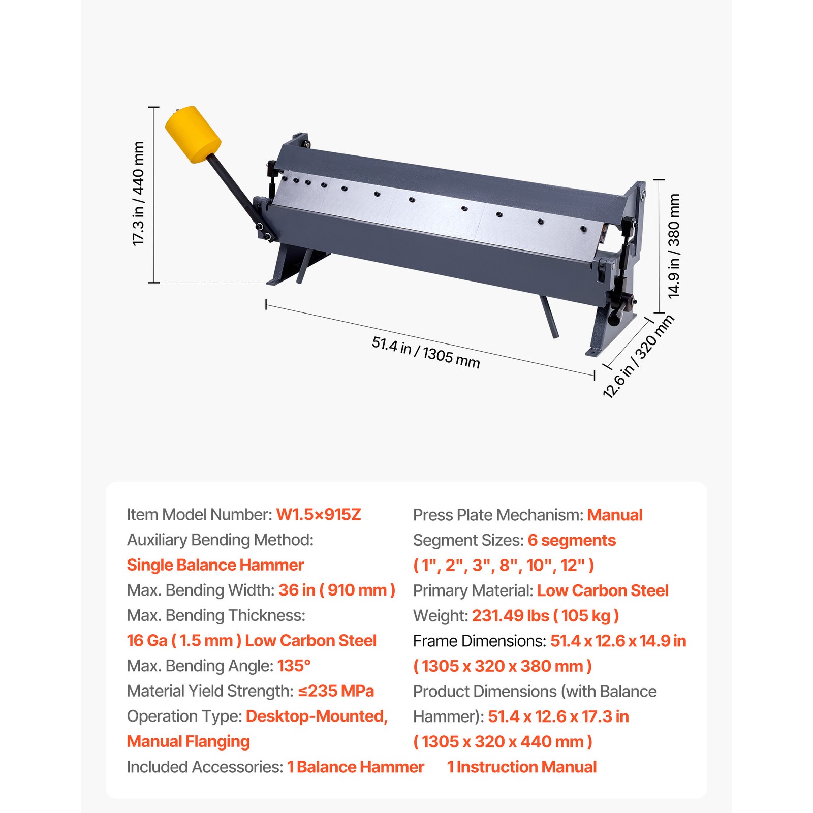 36 in Box and Pan Brake 0-135° 16 Ga Sheet Metal Bending Brake Bender 6 Fingers