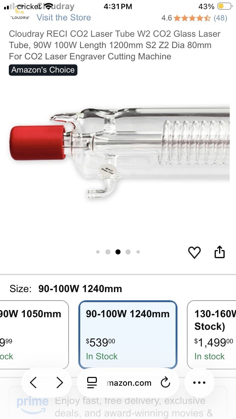 Cloudray RECI C02 Glass Laser Tube W2 NEW!
