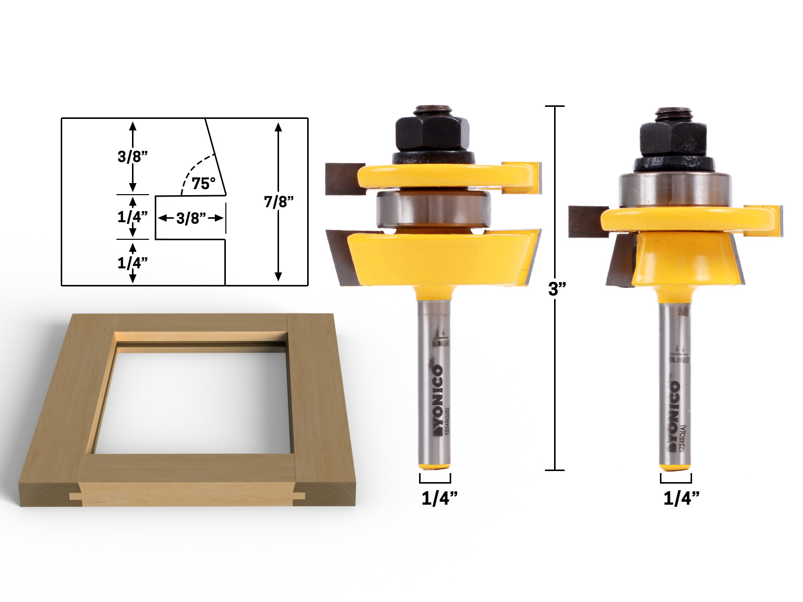 Shaker 2 Bit Rail and Stile Router Bit Set – 1/4″ Shank – Yonico 12249q