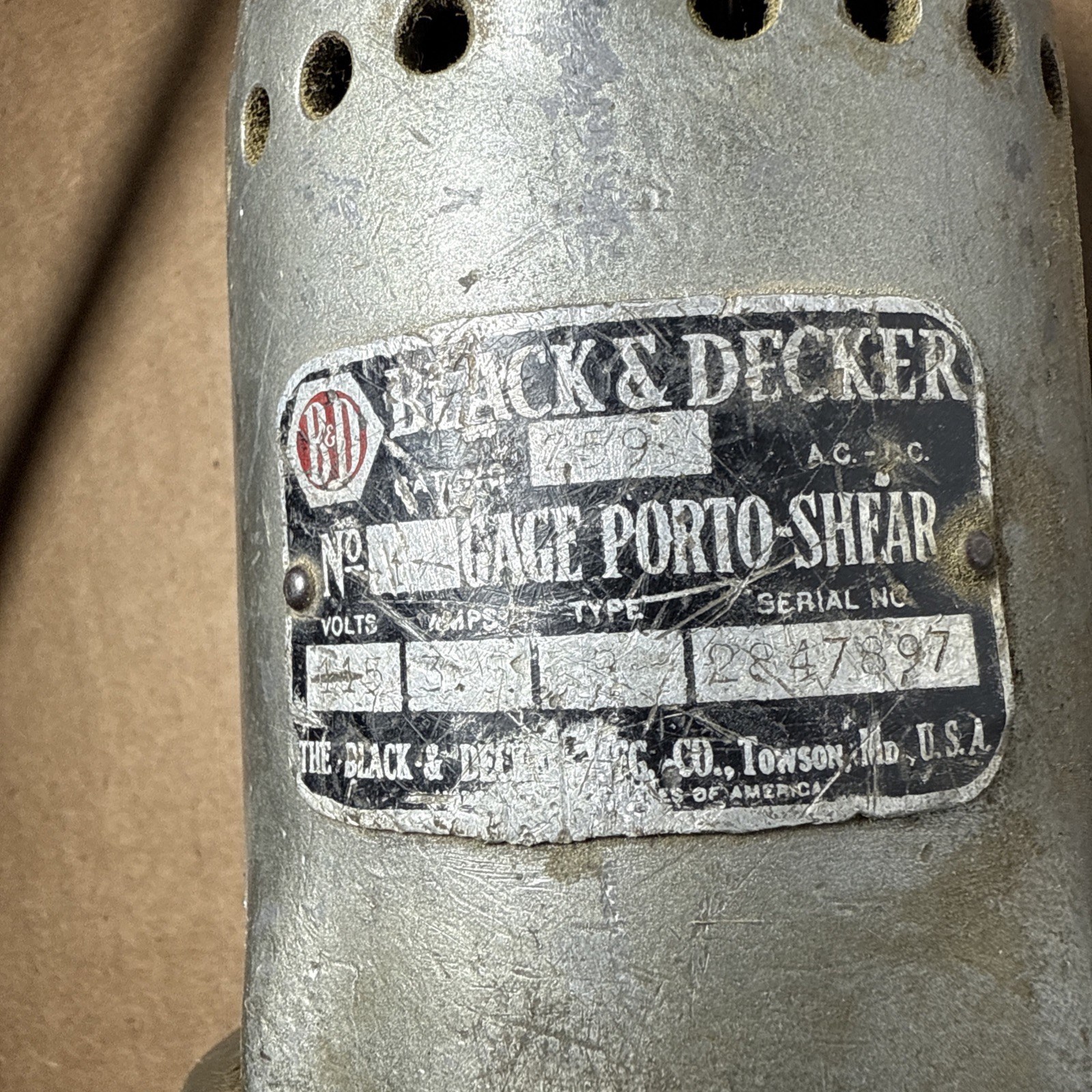 Black & Decker Vintage #16 GAGE PORTO-SHEAR MODEL # 259 MADE IN USA TESTED 2V