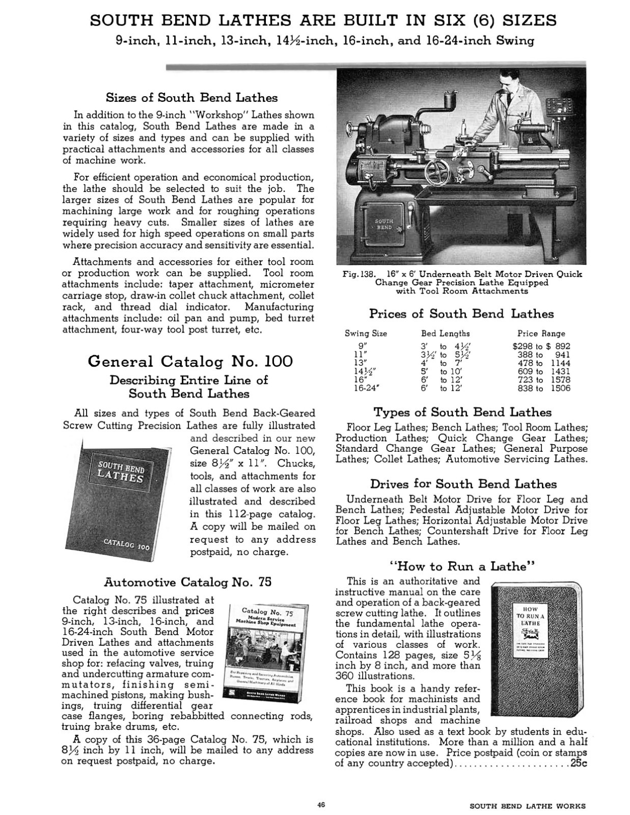 9″ Workshop Precision Lathes Instruction Manual Fits 1939 South Bend Lathe #50