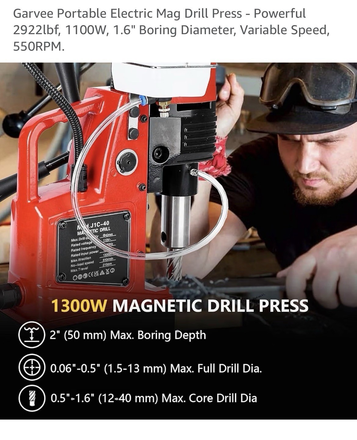 Garvee Magnetic Drill Press J1C-40 1300W Corded Electric 550RPM 120V