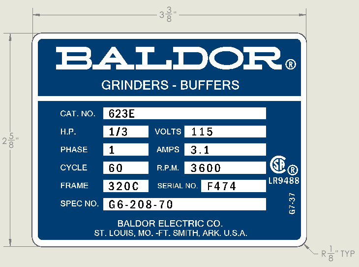 Replacement Bench Grinder Label Set Blue 6″, 7″ & 8″ | Baldor | Sublimated | USA