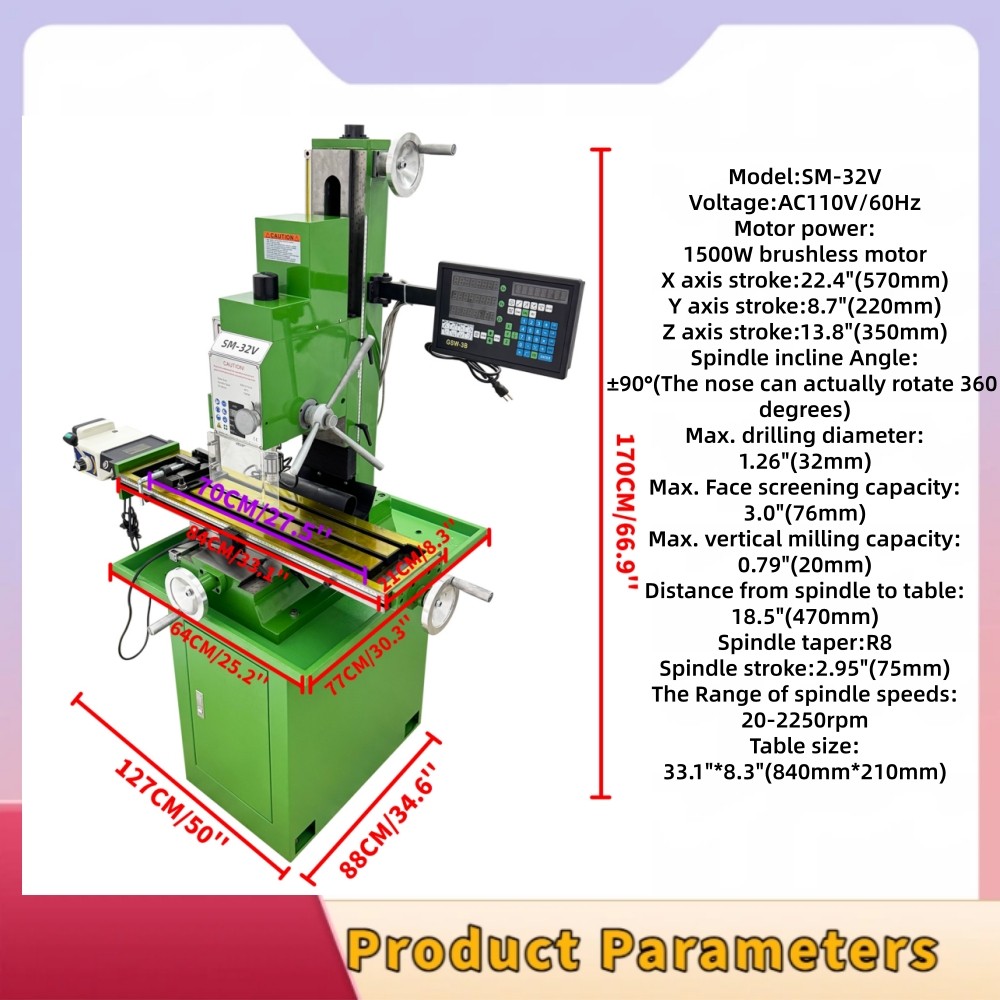 Heavy-Duty Cast Iron Milling Machine SM32V 110V 1.5KW Brushless R8 Taper 3-Axis
