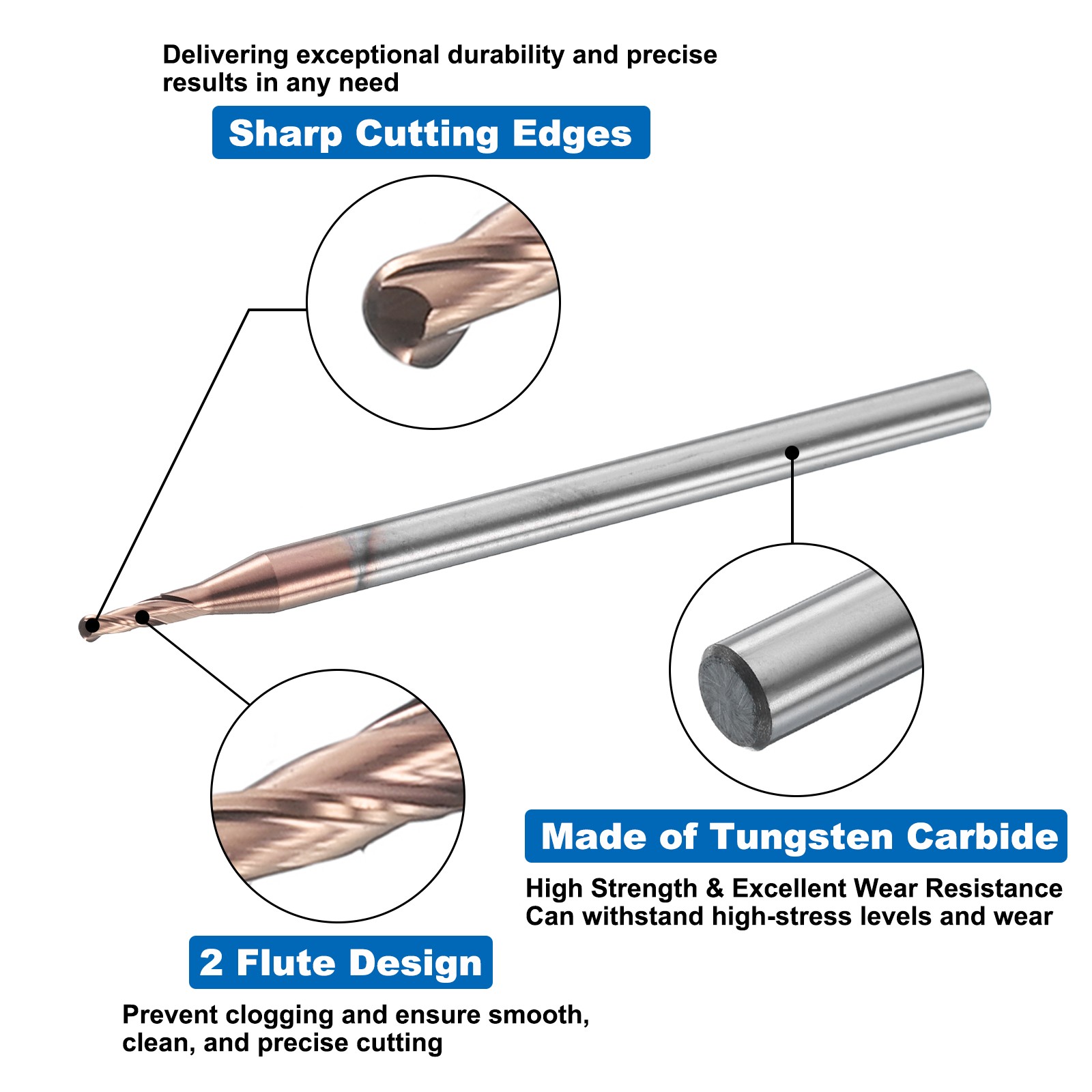 2 Flute Ball Nose End Mill 0.177″ Cutting Length Uncoated for Carving Engraving
