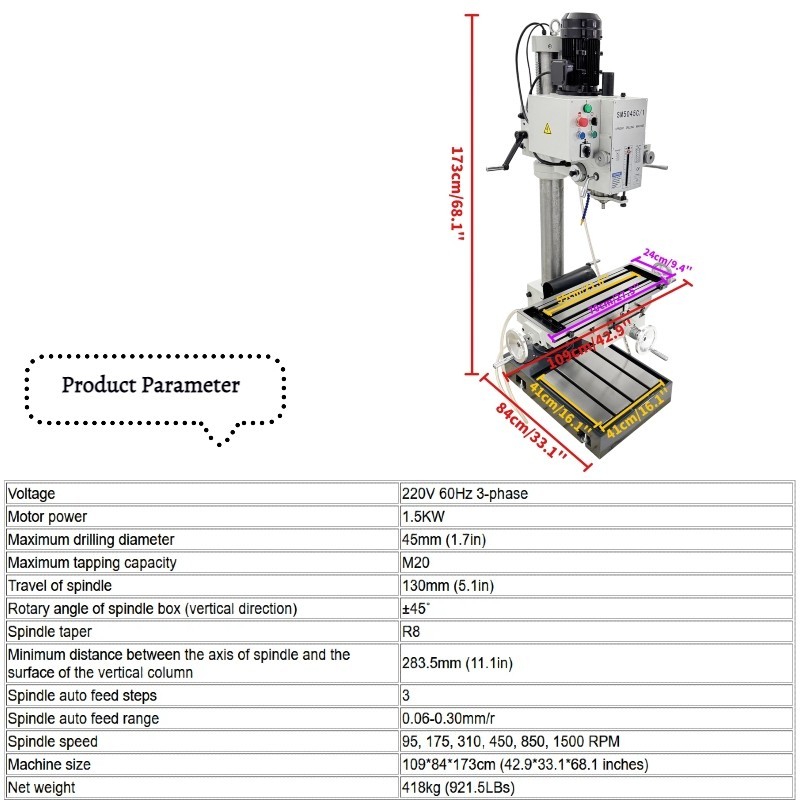 Milling Drilling Machine Vertical for Drilling Milling and Tapping Feed 220V