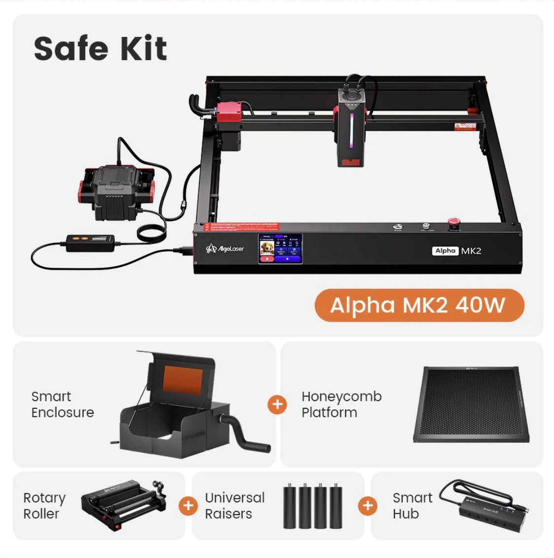 AlgoLaser Alpha MK2 40W Laser Engraver Cutter Safe Kit Rotary Honeycomb