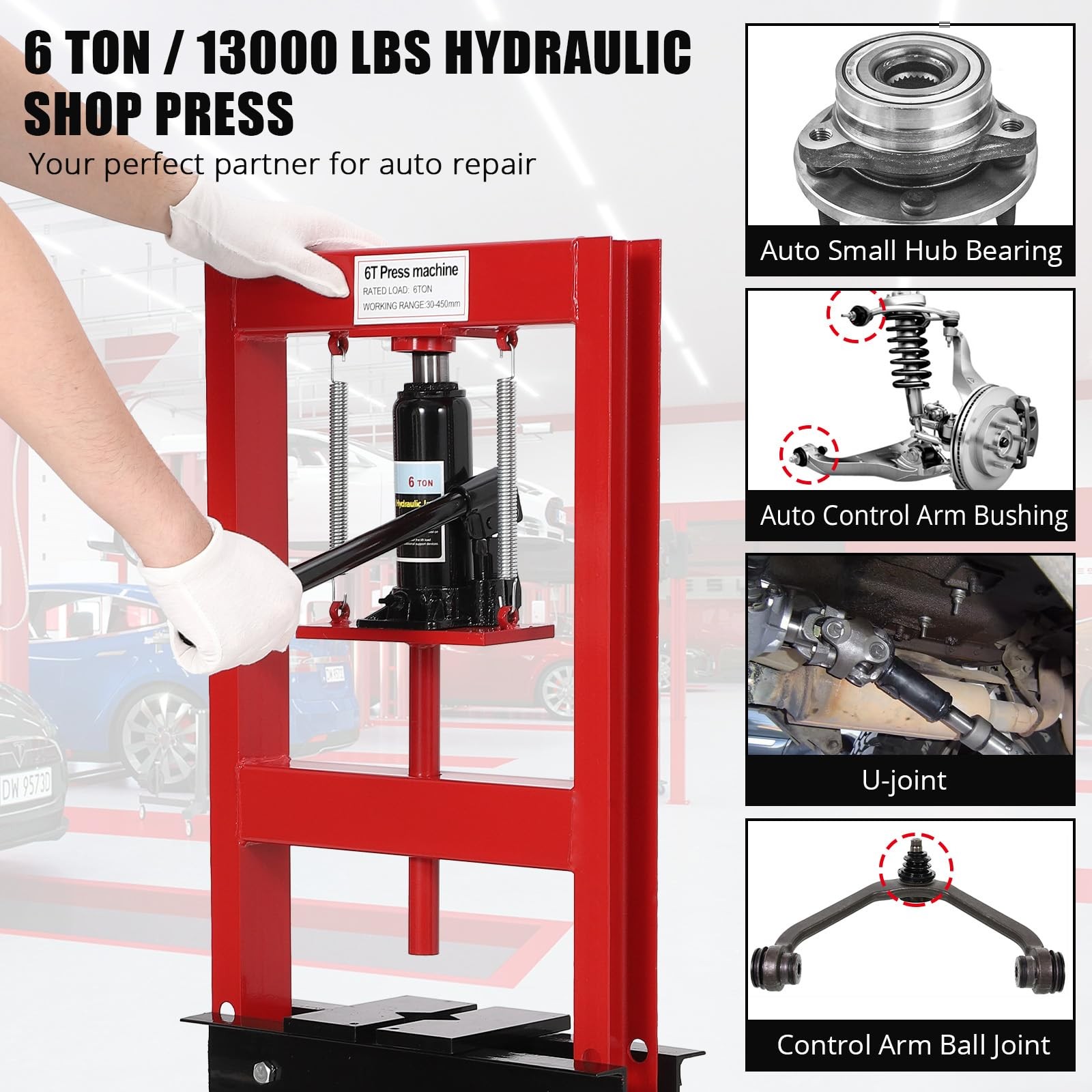Hydraulic Press T Shop Press, Heavy Duty H Frame Garage Adjustable Red 6