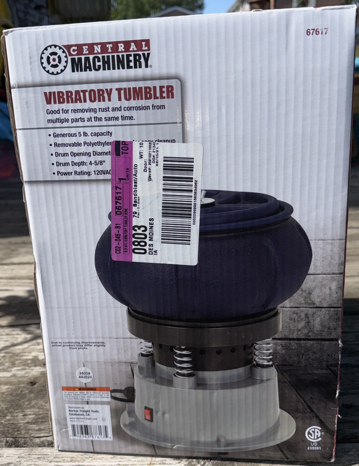 NIB Central Machinery Vibratory Tumbler 5lb Capacity 120 VAC 60 Hz .6A
