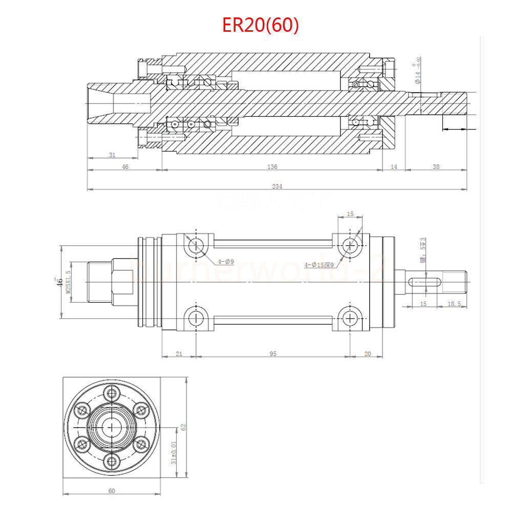 750W 1HP ER20(60) Spindle Motor Belt Spindle Milling 5 Bearings Cutting Milling