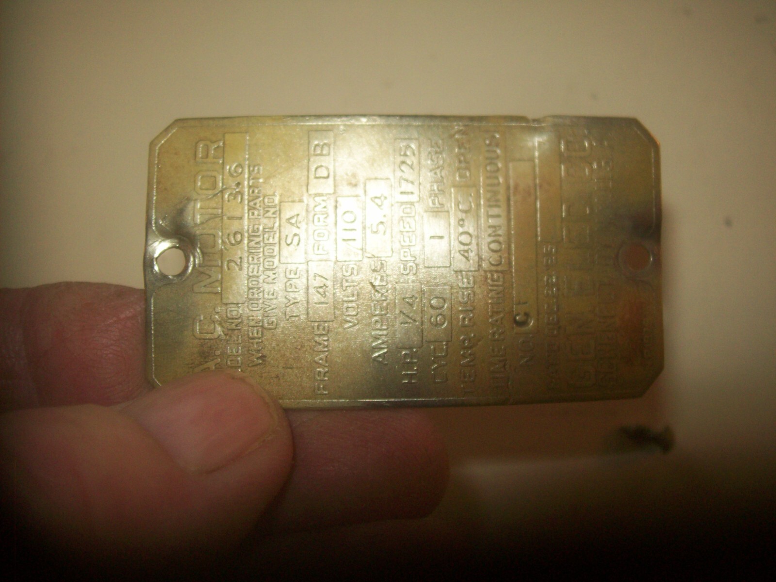 Brass General Electric Model #26136 1/4 HP Motor Plate From Wood Lathe