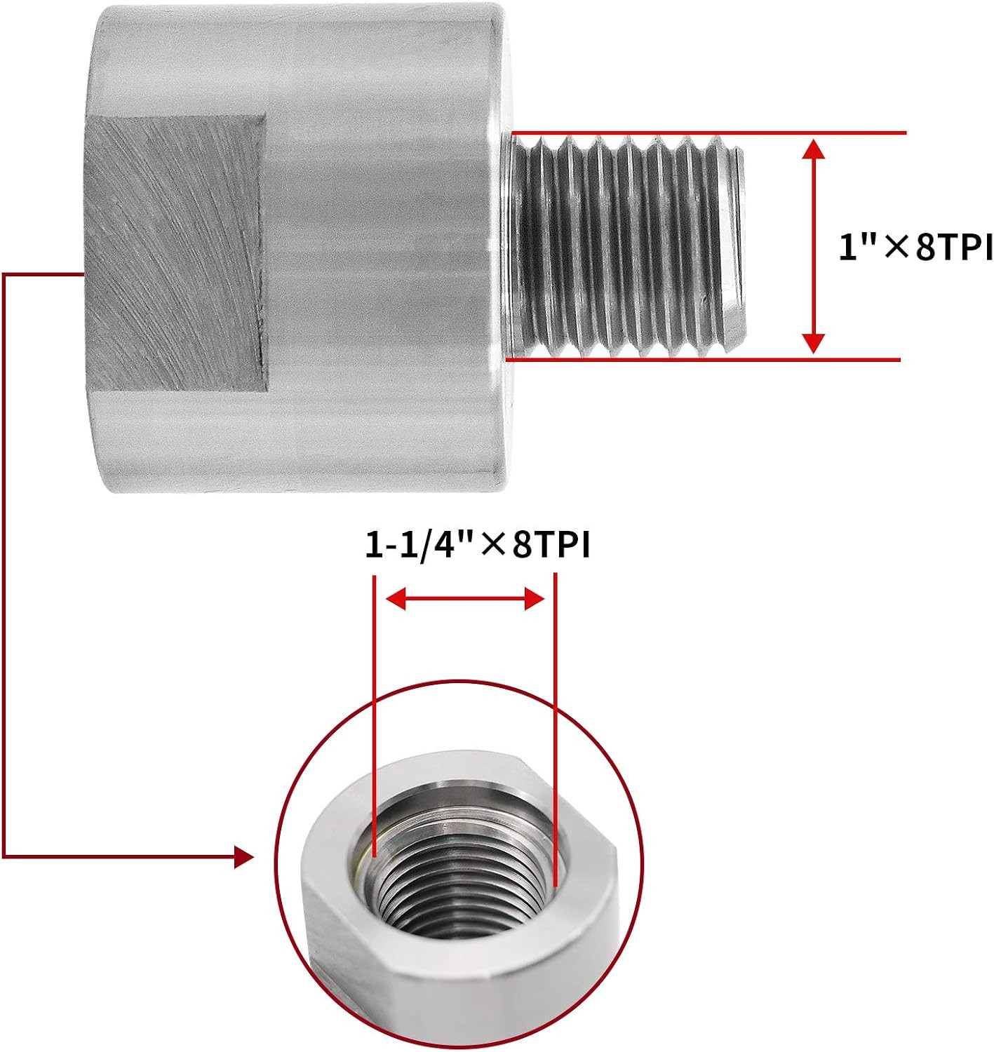 Woodworking Lathe Headstock Spindle Adapter 1-1/4In X 8Tpi to 1In X 8Tpi,Hard St