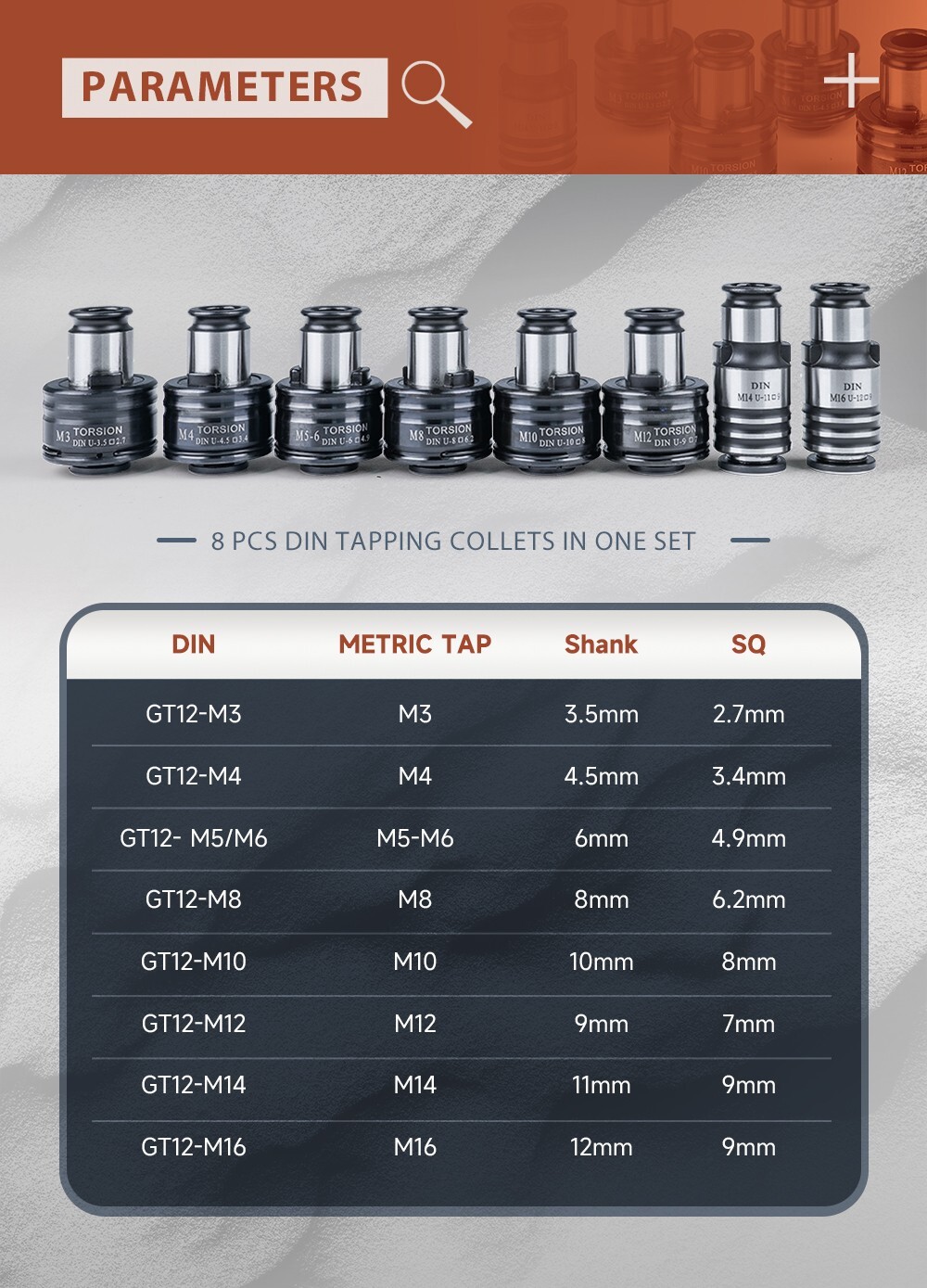 8PCS GT12 DIN Tapping Collets Torque Collet for M16R Tapping Machine