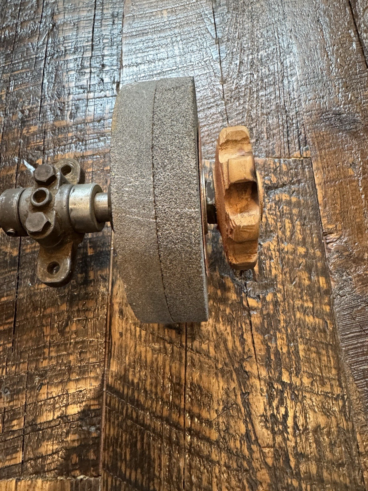 Grinder Assembly – Axle, Brackets, Pulley Spindle & Grinding Wheels – 15″ As Is